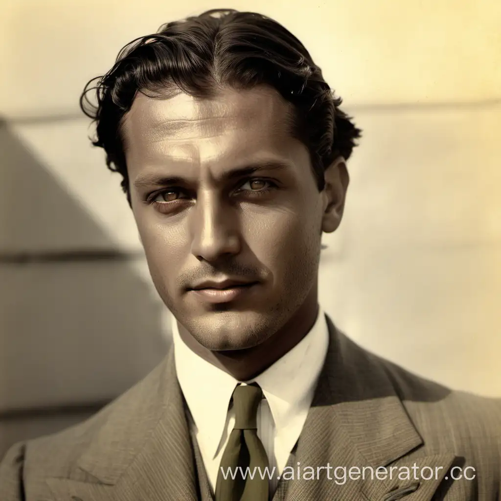 мужчина со смуглой кожей, волосы до плеч, шатен, лёгкая щетина, костюм 1930 года, глаза оливкового цвета, крепкое телосложение, томный взгляд, лёгкая улыбка