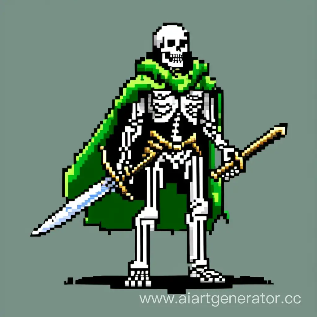 "Please generate an 80x80 pixel, 2D pixel art image of a warrior-skeleton without armor, wielding a short sword, and wearing a torn green-colored cape. The image should be in a classic pixel art style with limited colors and bold detailing. The warrior should be depicted in a combat stance, and the background should be transparent. Thank you!"