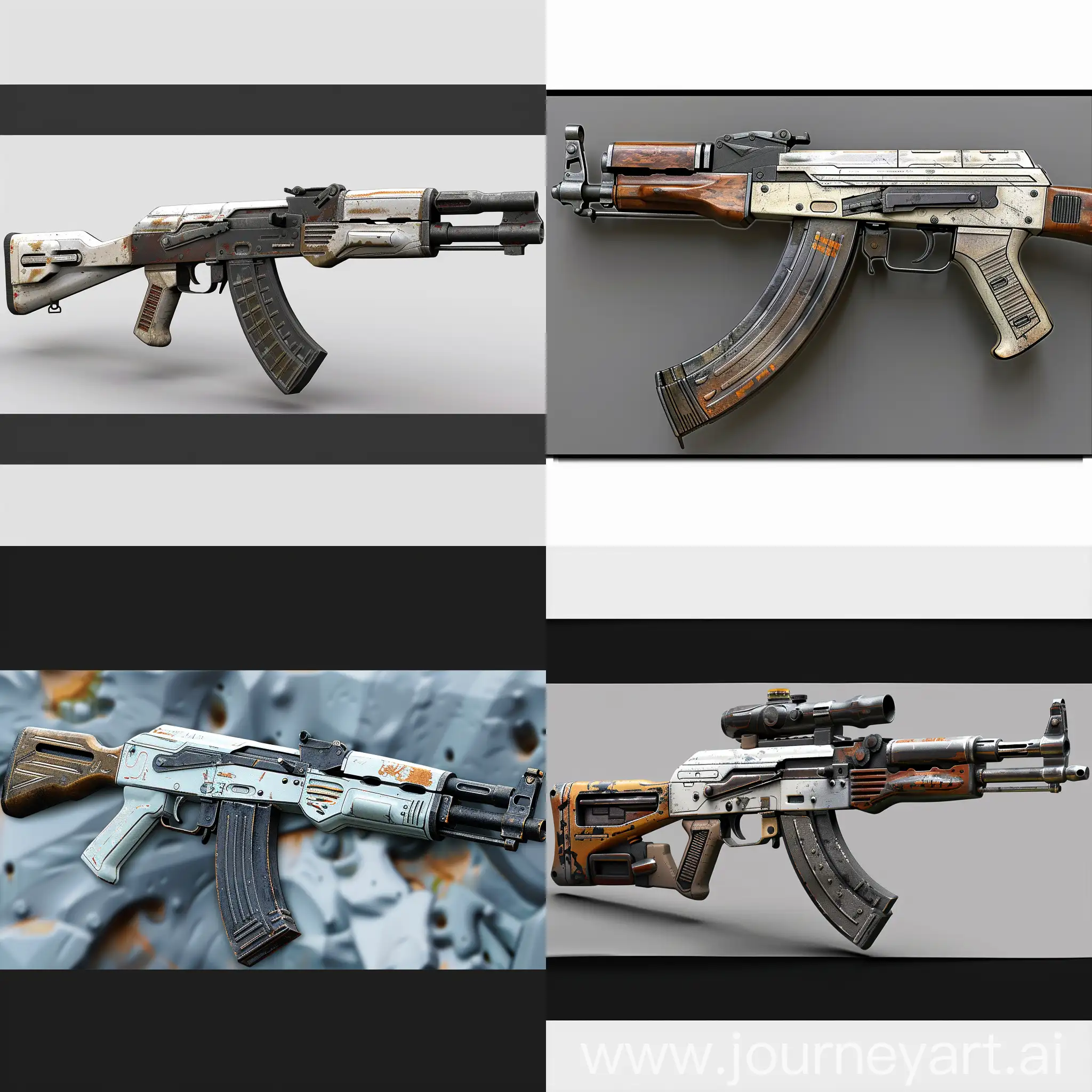 Futuristic AK-47 https://upload.wikimedia.org/wikipedia/commons/6/65/AK-47_type_II_noBG.png, Biodegradable Materials, Solar-Powered Accessories, Recycled Metal, Carbon Neutral Production, Modular Design, Reduced Recoil Mechanism, Efficient Ammunition. Smart Technology, Integrated Suppressor, Sustainable Packaging, Self-Cleaning Mechanism, Nano-Enhanced Ammunition, Smart Sensors, Self-Healing Materials, Nanocomposite Construction, Nano-Enhanced Optics, Nano-Enhanced Lubricants, Nanoparticle Filters, Nanotech Trigger Mechanism, Stealth Coating, octane render --stylize 1000