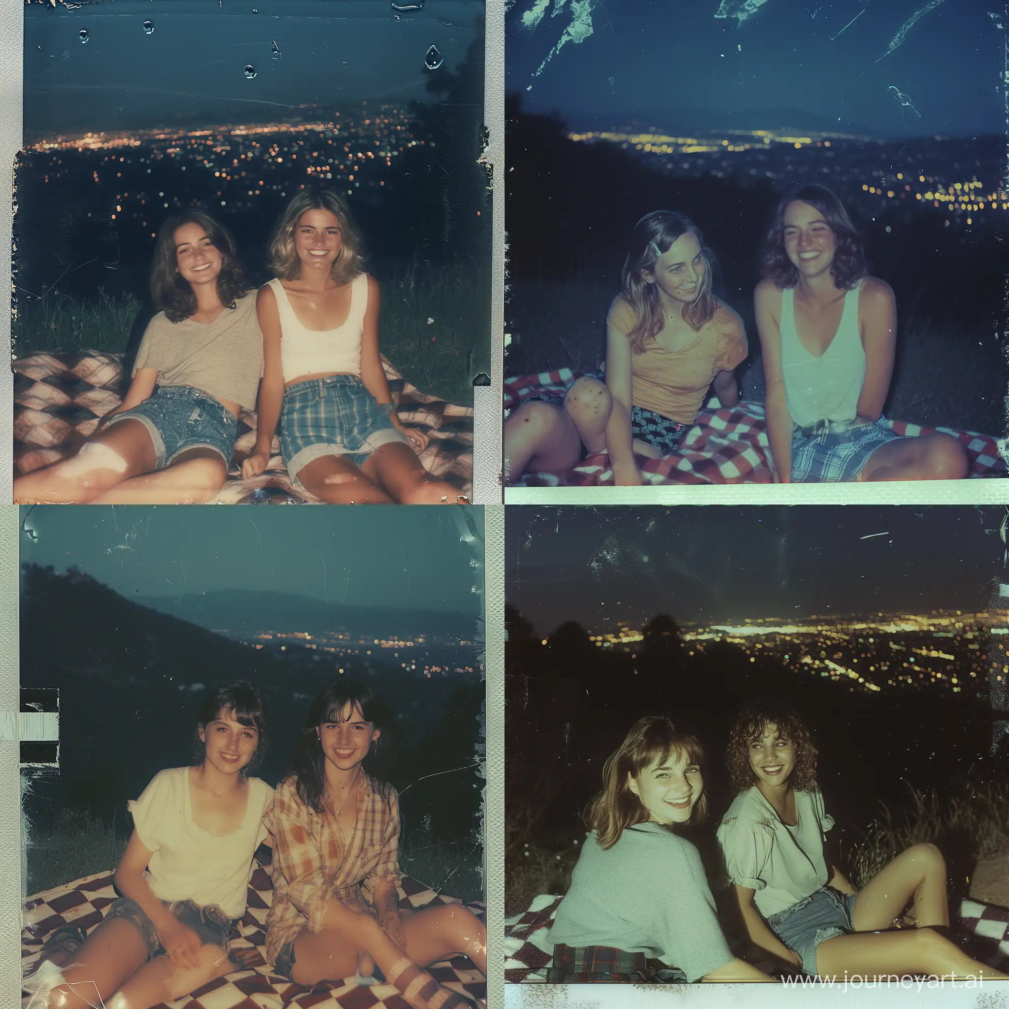 candid 90s flash polaroid photo with 35mm iso 200, scratches and dust, chromatic aberration, and drippy effect. A girl with average features smiling sitting on a checkered blanket at night with her friend, city lights in the valley