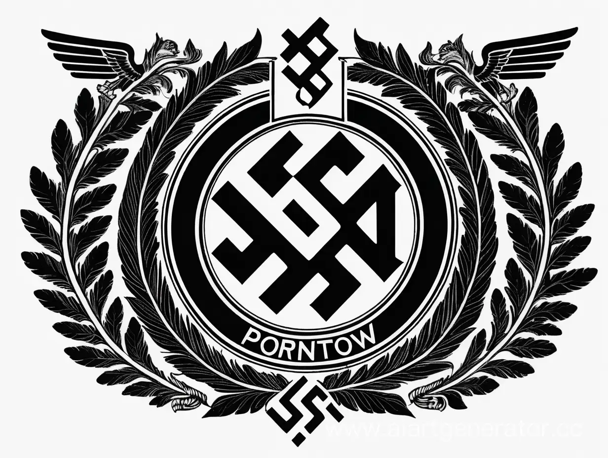 Эмблема в стиле СС Третьего Рейха, где есть иголка с ниткой. Надпись Portnov сверху эмблемы. Изысканная, аристократическая. Чёрно-белая.