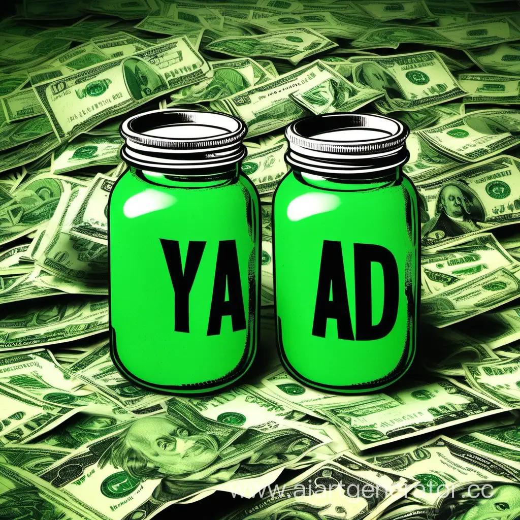 картинка с долларами и зелёными баночками с ядом  и большим словом "YAD" в центре  Share Copy Edit