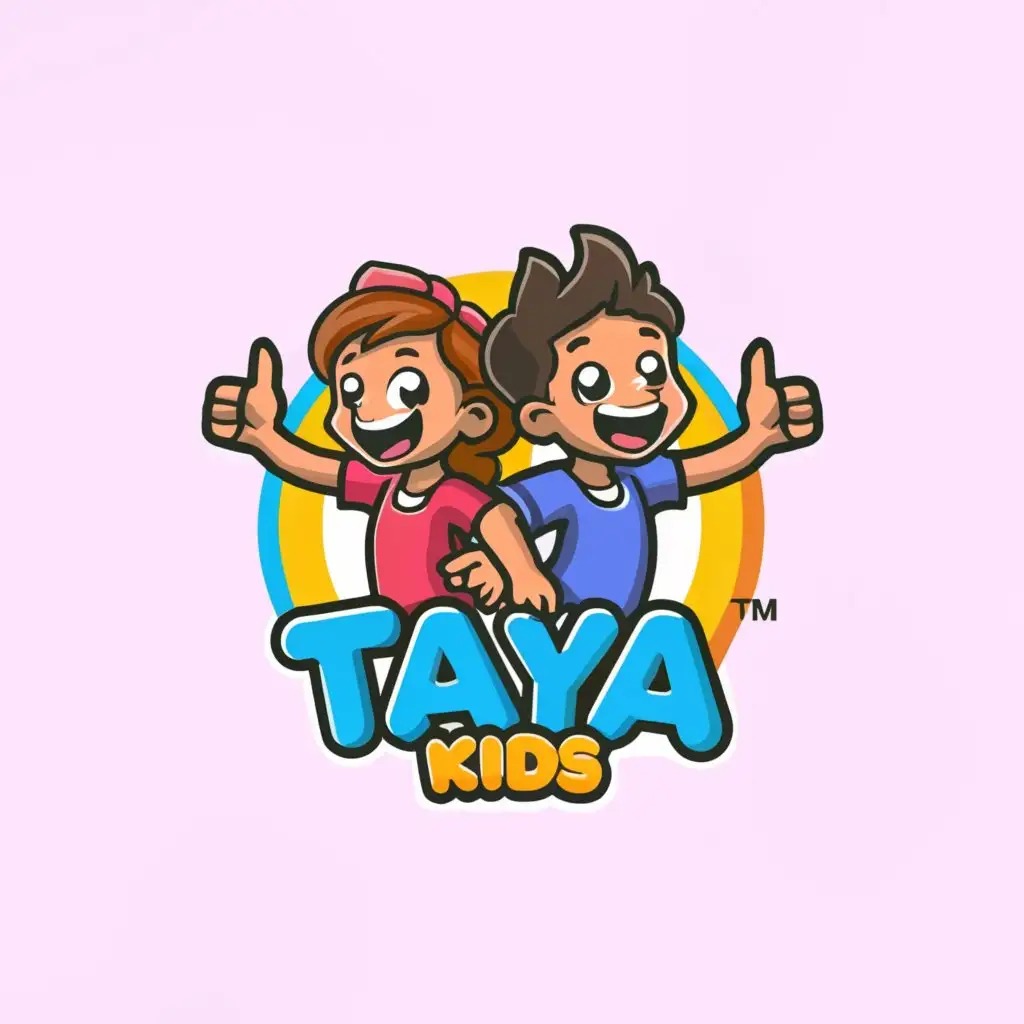 a logo design,with the text "TAYA KIDS", main symbol:Cartoon character boy and girl,Moderate,be used in child entertainment industry, clear background