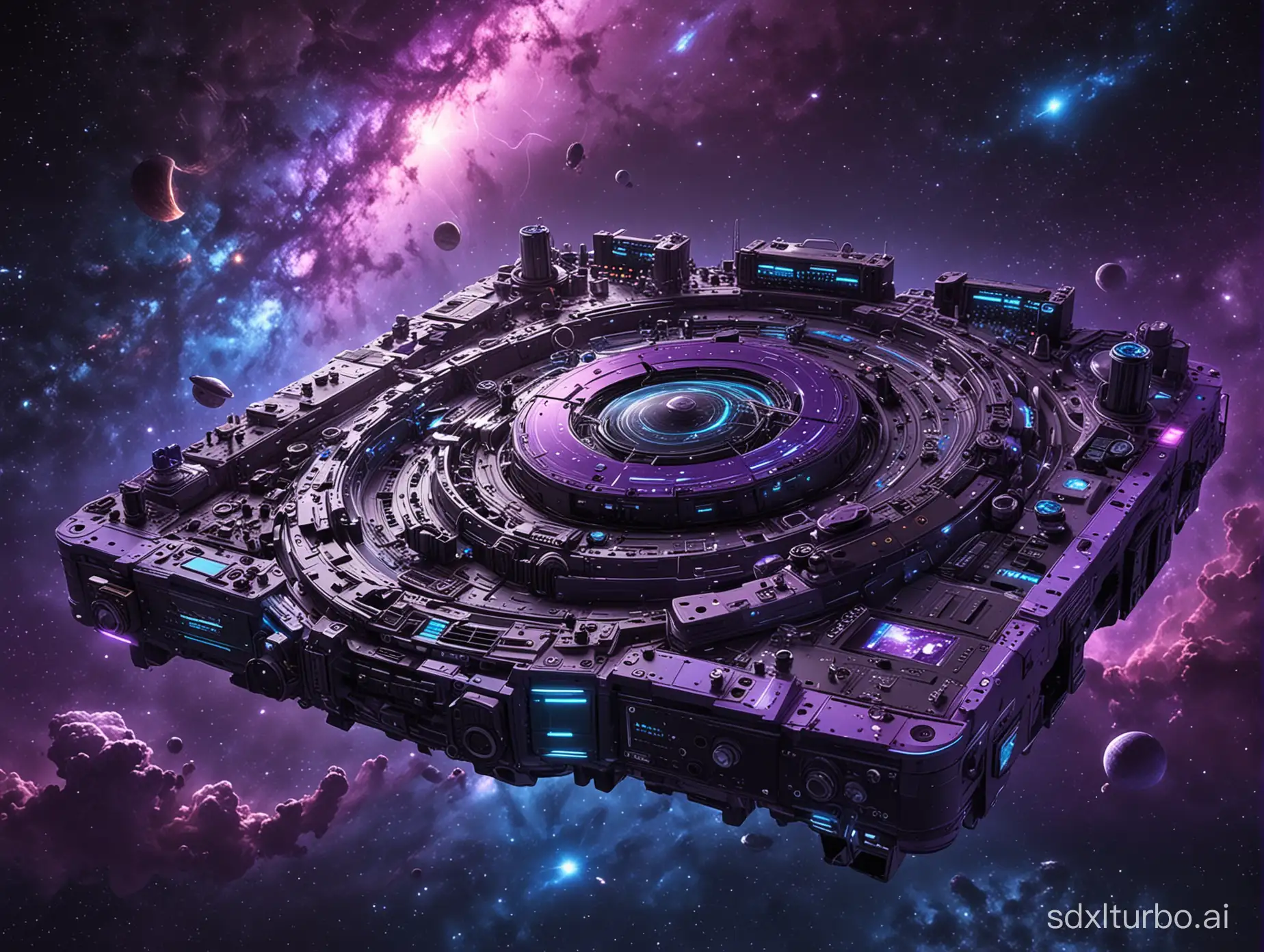A futuristic concept art piece depicting visionary music technology in outer space. It features advanced DJ equipment, such as DJ-Contollers, turntables and mixers, integrated into a space station's console, with an astronaut DJ curating cosmic sounds. The backdrop is a vast cosmos, rendered in deep purples and blues, illuminated by nebulae and stars that visualr and rhythmically pulse to the beat of the music. Created Using: futuristic concept art, advanced music technology, space station setting, cosmic soundscape, rhythmic nebulae and stars, deep purple and blue color scheme, visionary depiction of music and space, very detailed --ar 16:9