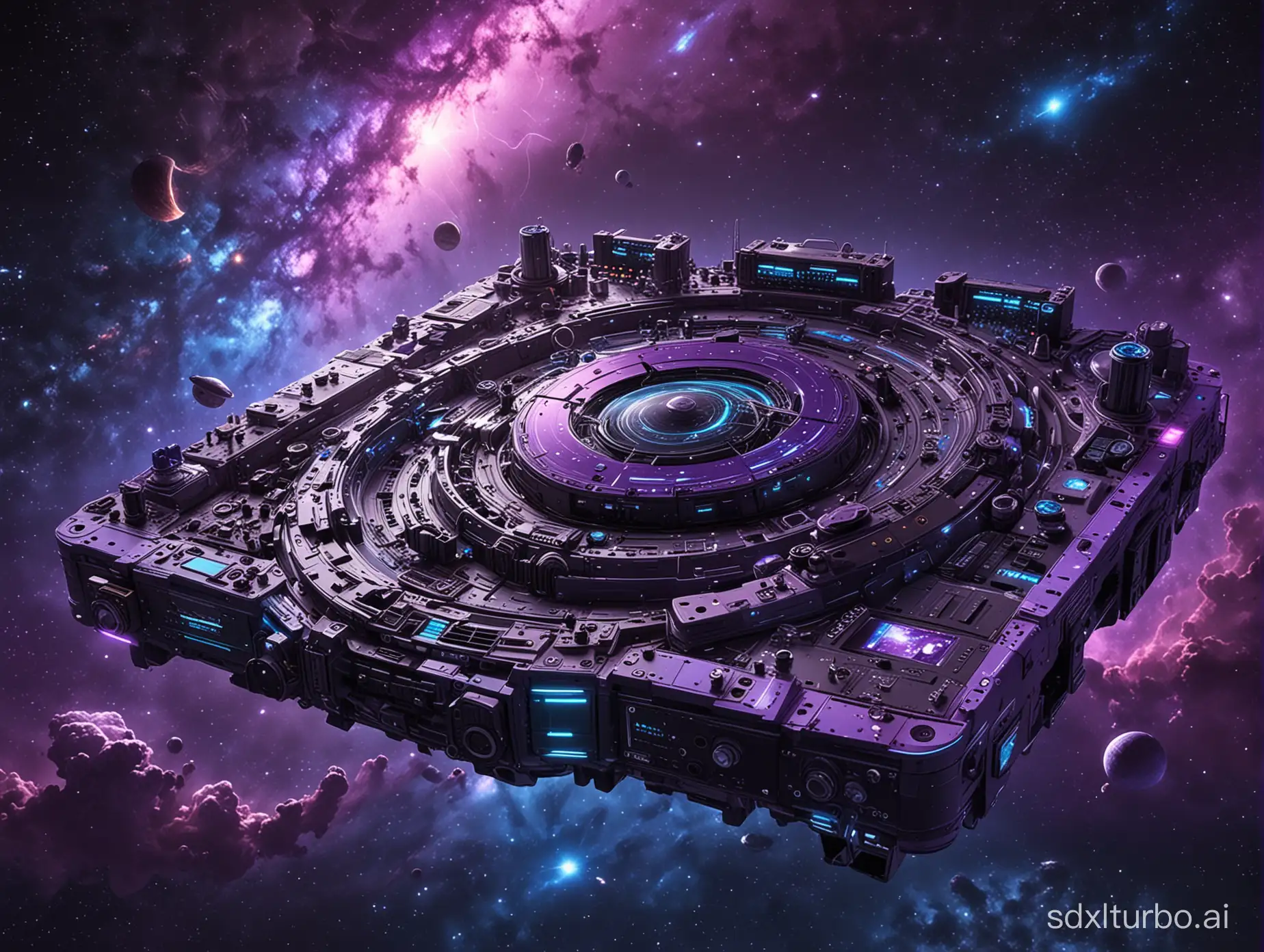 A futuristic concept art piece depicting visionary music technology in outer space. It features advanced DJ equipment, such as DJ-Contollers, turntables and mixers, integrated into a space station's console, with an astronaut DJ curating cosmic sounds. The backdrop is a vast cosmos, rendered in deep purples and blues, illuminated by nebulae and stars that visualr and rhythmically pulse to the beat of the music. Created Using: futuristic concept art, advanced music technology, space station setting, cosmic soundscape, rhythmic nebulae and stars, deep purple and blue color scheme, visionary depiction of music and space, very detailed --ar 16:9
