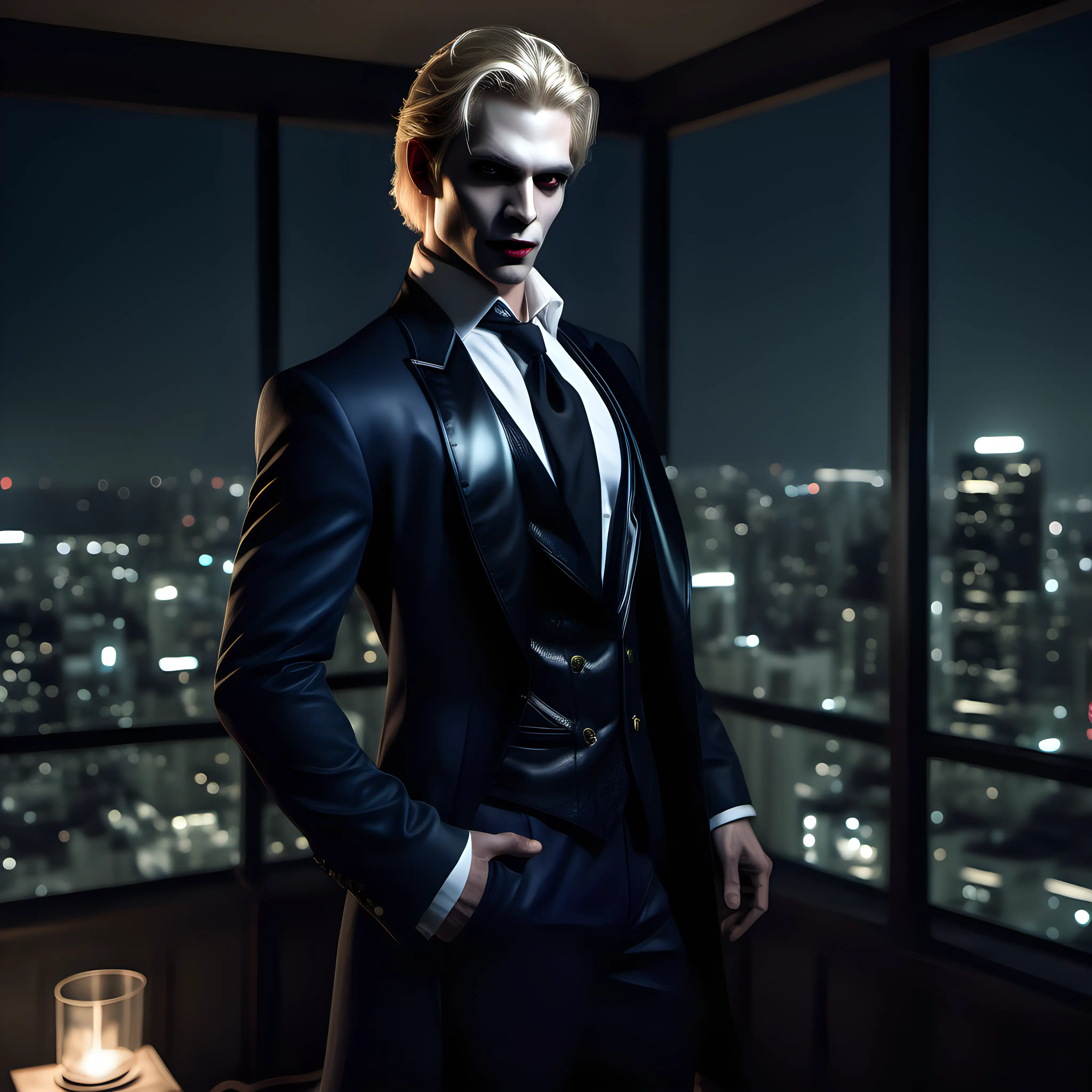 a Caitiff vampire Prince, blonde hair, inside a penthouse at night, male, expensive clothing, wearing a suit, full body shot, realistic