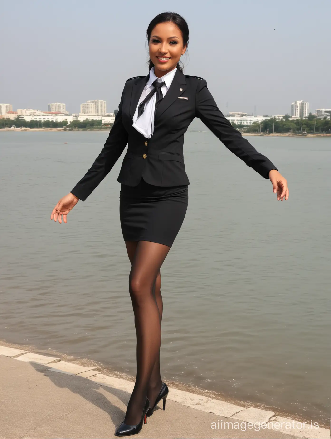 35 years old Africa sexy stewardess, black pantyhose, leg swift up at riverside
