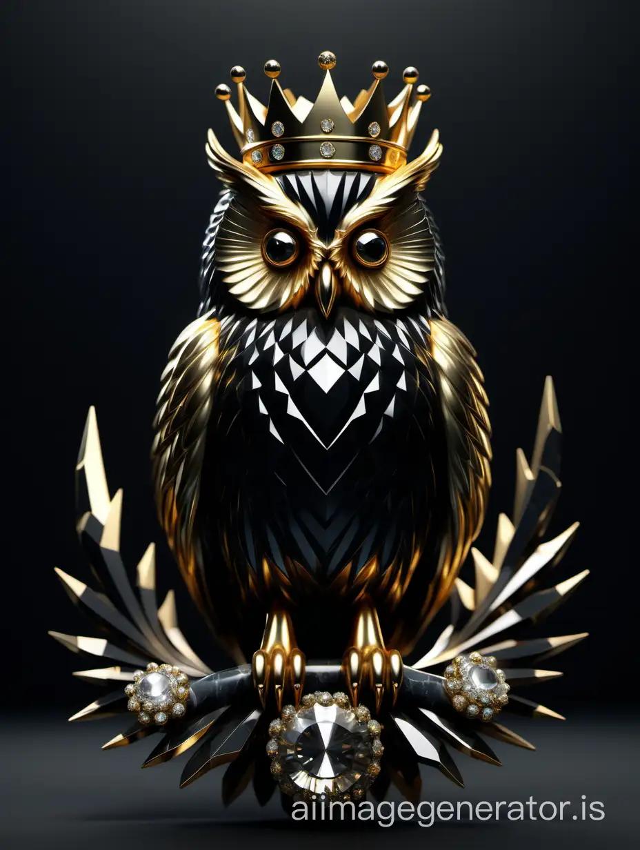 Black-golden owl, 3D graphics, super-detailed, crown, crystal, 3D illustration, HD, dark background, gold, marble