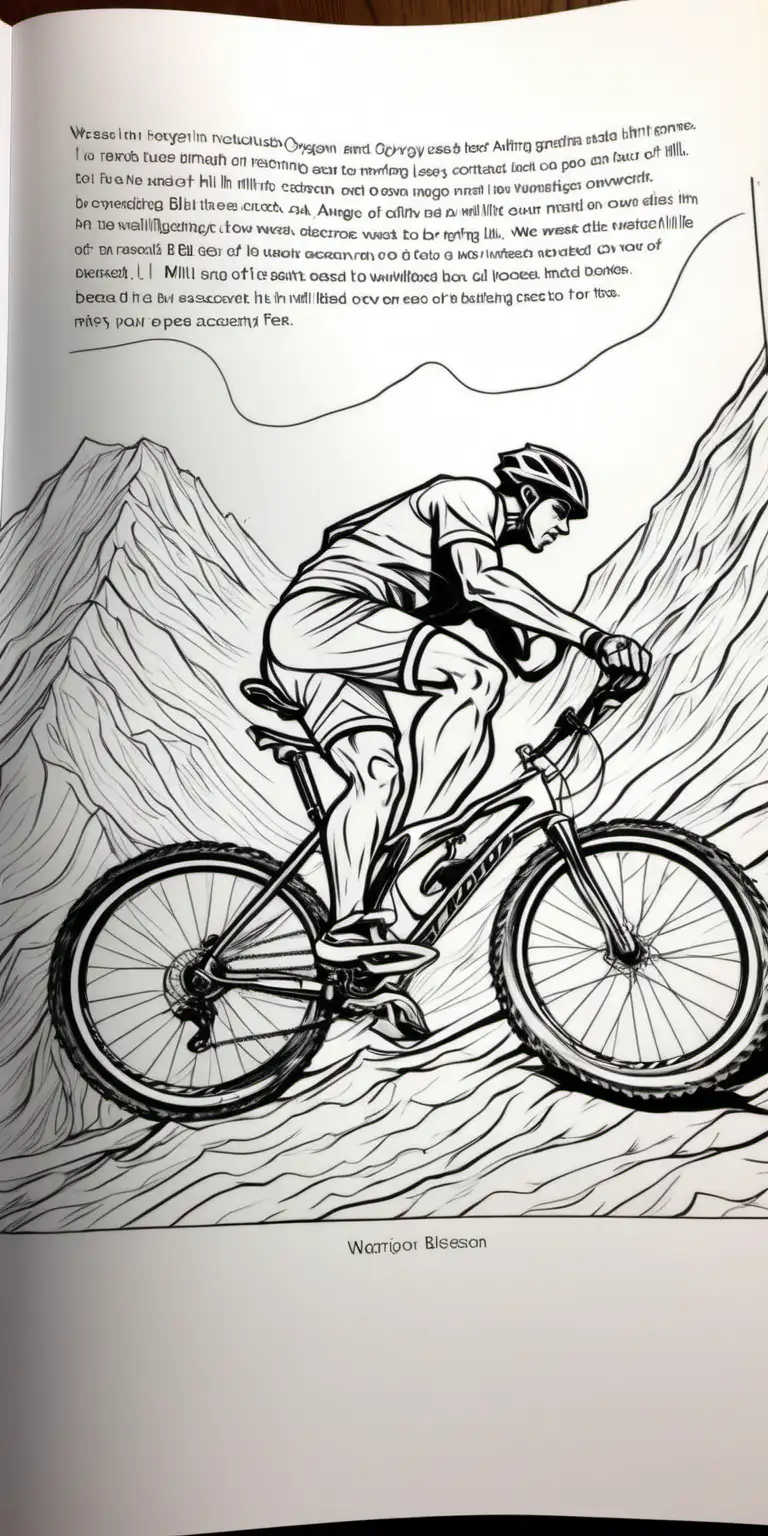 Adult Resolution Coloring book pages with much white space describe this paragraph:" We had been riding our mountain bicycles at a blistering pace for ten minutes when we hit the Hill of Life, a painful ascent of 300 feet in a little over half a mile. Angus, of course, was proceeding at "Warrior speed," a completely bewildering pace, as I struggled to suck in oxygen and keep up, my legs burning and sweat freely flowing off of me. 