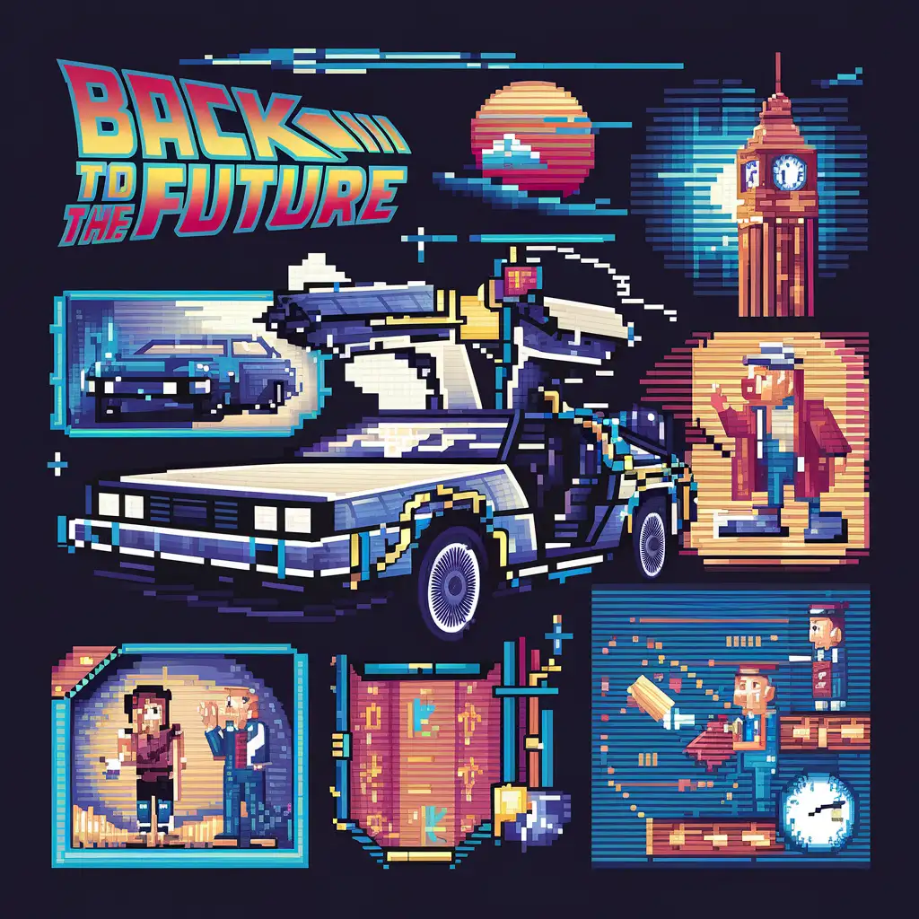 scenes from "back to the future" movie, pixelated