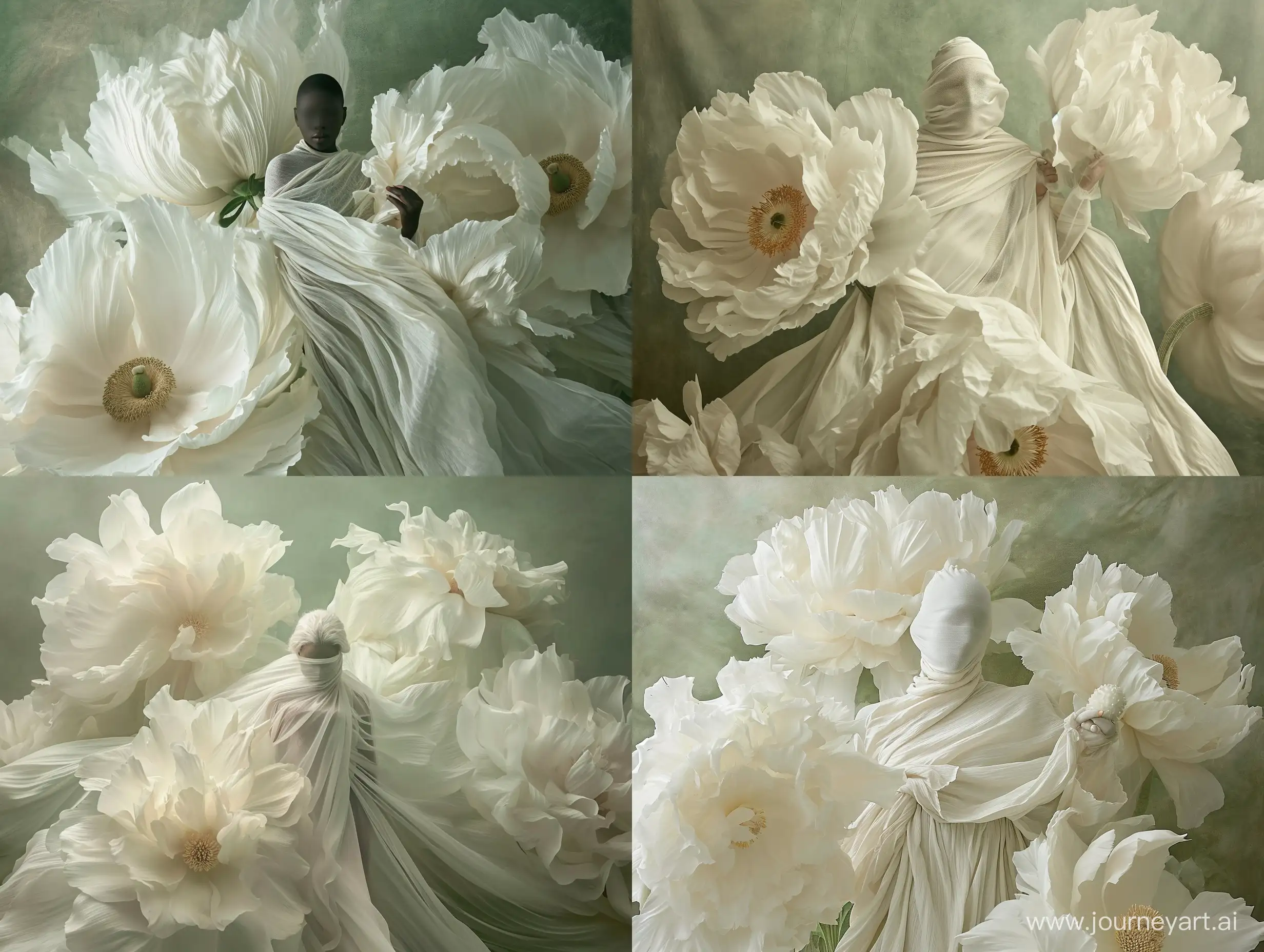 A person with their face obscured, standing amidst large, white flowers, wearing a flowing, ethereal gown that mimics the shape and color of the surrounding flowers. The gown is white and has a soft texture, appearing almost translucent and blending seamlessly with the flowers. The individual holds one of the large flowers in their hand; it's as if they are part of this serene, dreamlike environment. The background is muted with tones of green and grey, creating a calm atmosphere that highlights the subject and flowers.