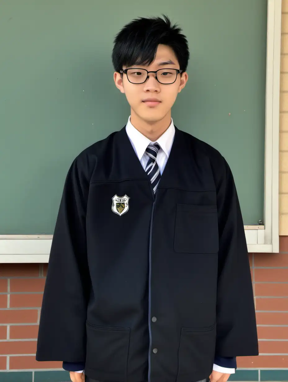 A high school student, boy, in glasses with a black frame, short black hair, Asian, 170 cm tall, standing, in Duho Highschool uniform