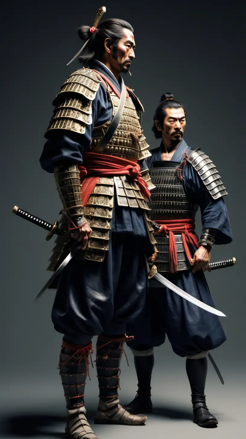 Un samurái ,un soldado de los tercios españoles, se miran,el soldado de los tercios españoles lleva una espada ropera en la mano y el samurái una katana, imagen fotorrealista, imagen de cuerpo completo