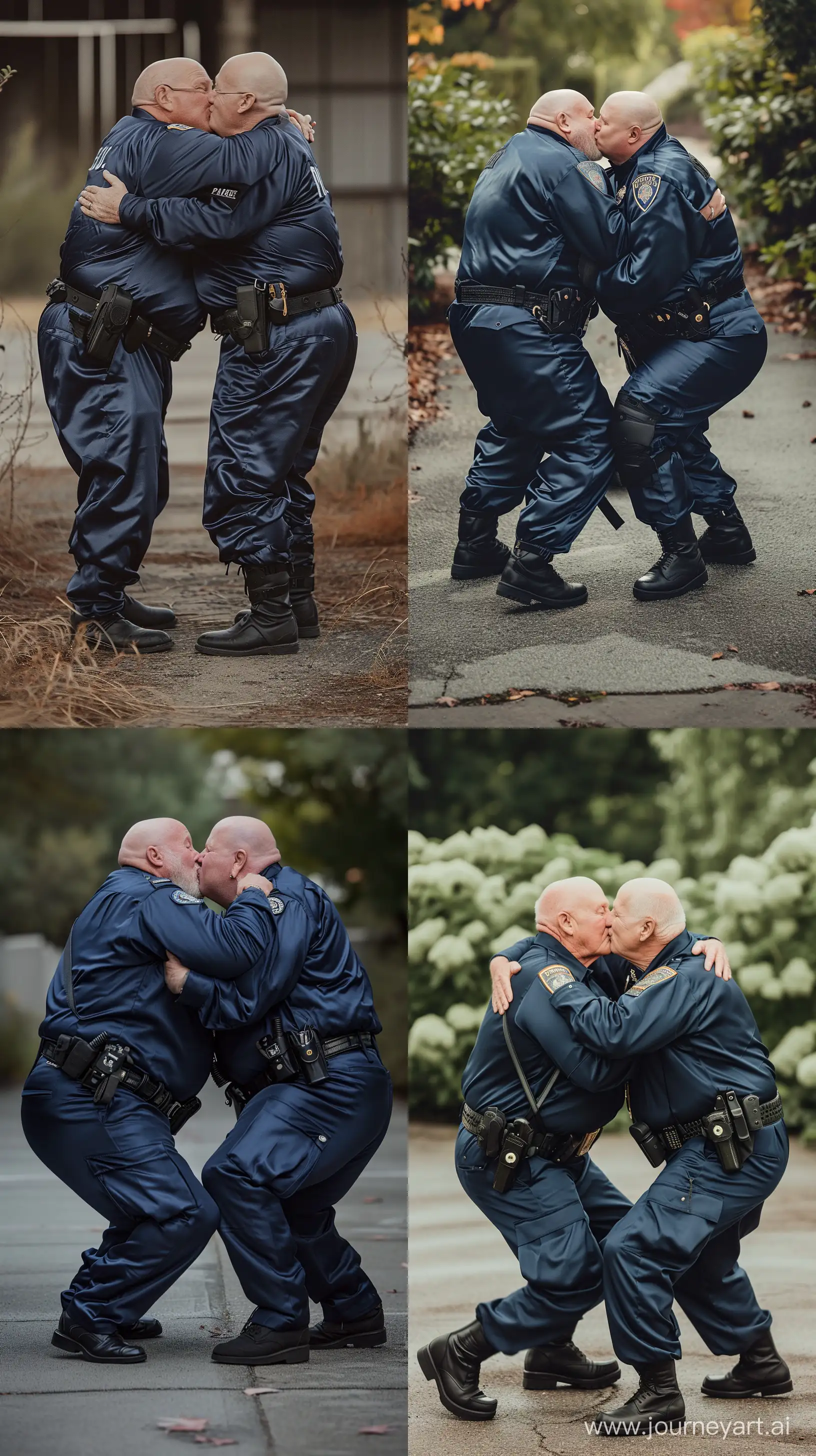 Lateral photo of two chubby men aged 70 wearing navy silky police uniforms. Black tactical belt and boots. They are kneeling and hugging and kissing each other. Bald. Clean Shaven. Outside. --style raw --ar 9:16 --v 6