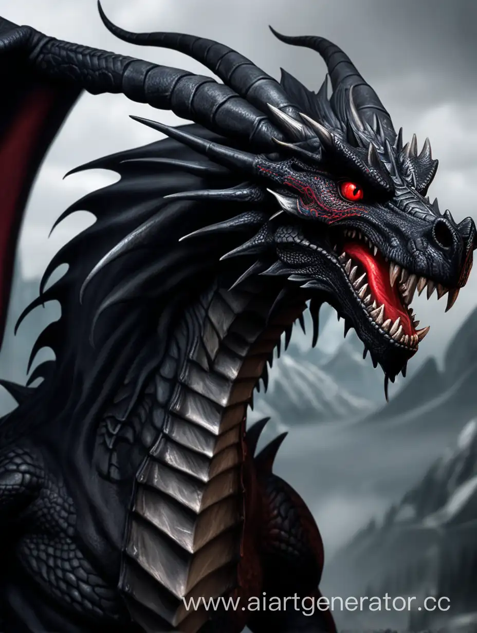 Чёрный дракон в стиле Skyrim, с красными глазами. В 3/4