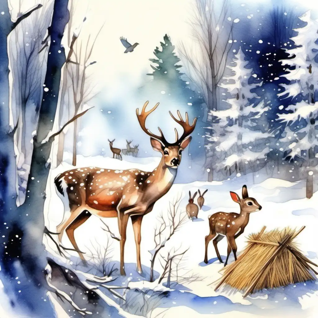 Winter Wildlife Scene Majestic Deer Doe and Forest Creatures in Snowy Landscape