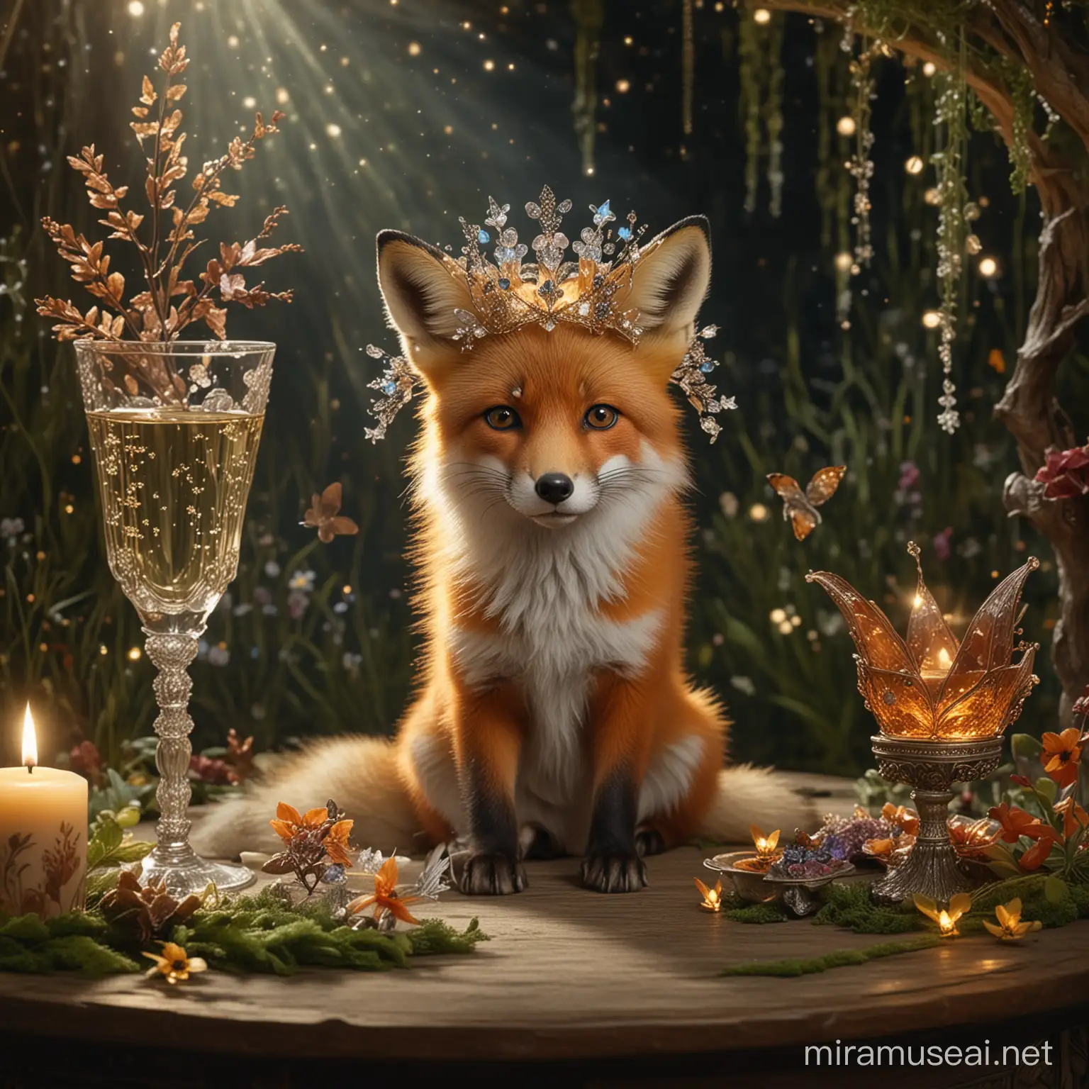 A fox in an exquisite headdress is sitting in a clearing, a table is next to the fox, a sparkling and glittering crystal tea glass is on the table, glowing sparkles and butterflies are fluttering around the fox