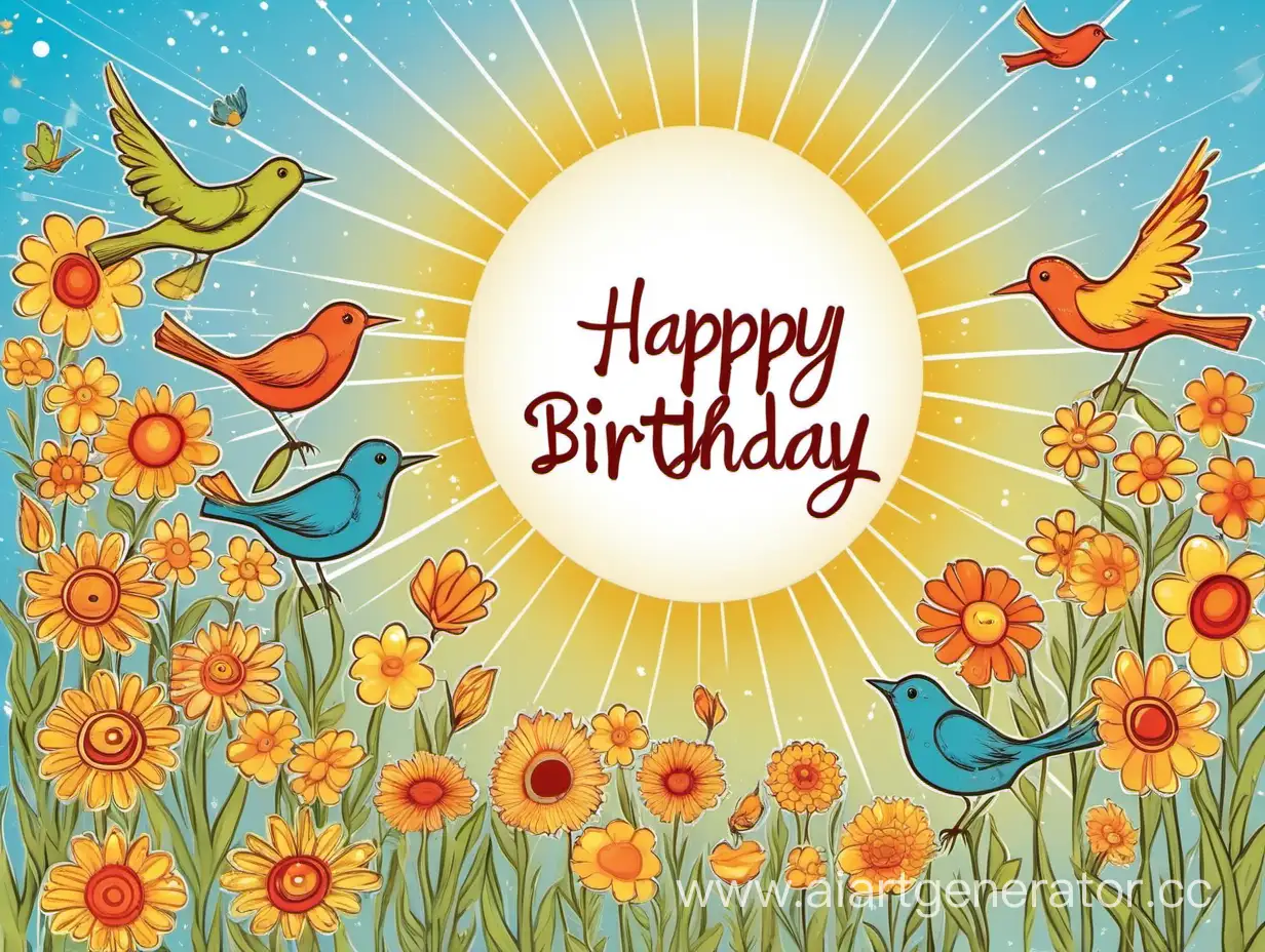 Happy birthday greeting, flowers and sky with birds and sun, interesting