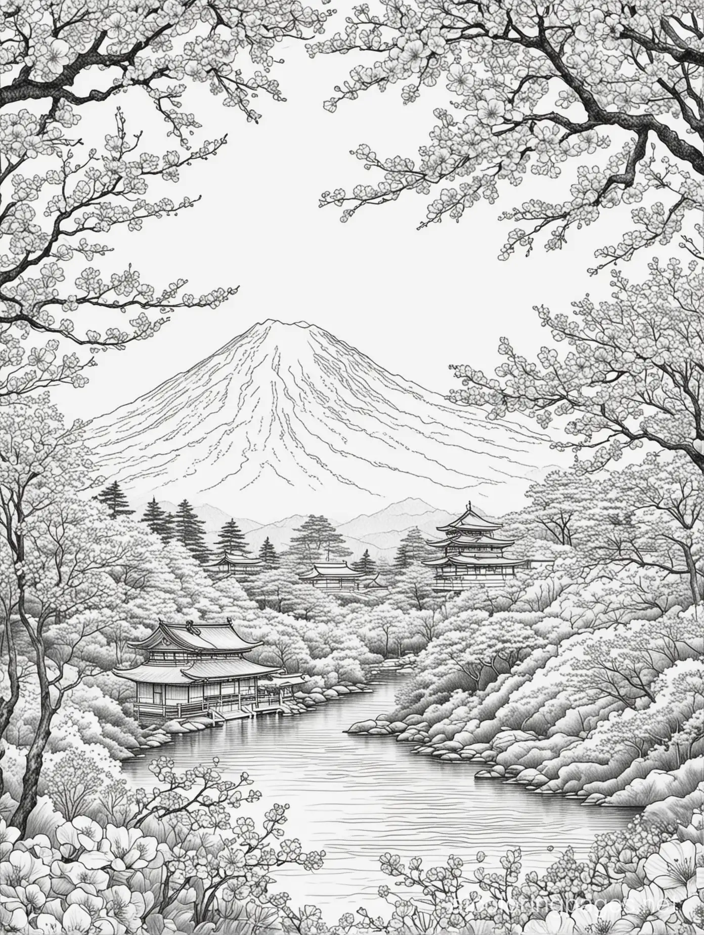 Cherry-Blossom-Coloring-Page-with-Mount-Fuji-Background