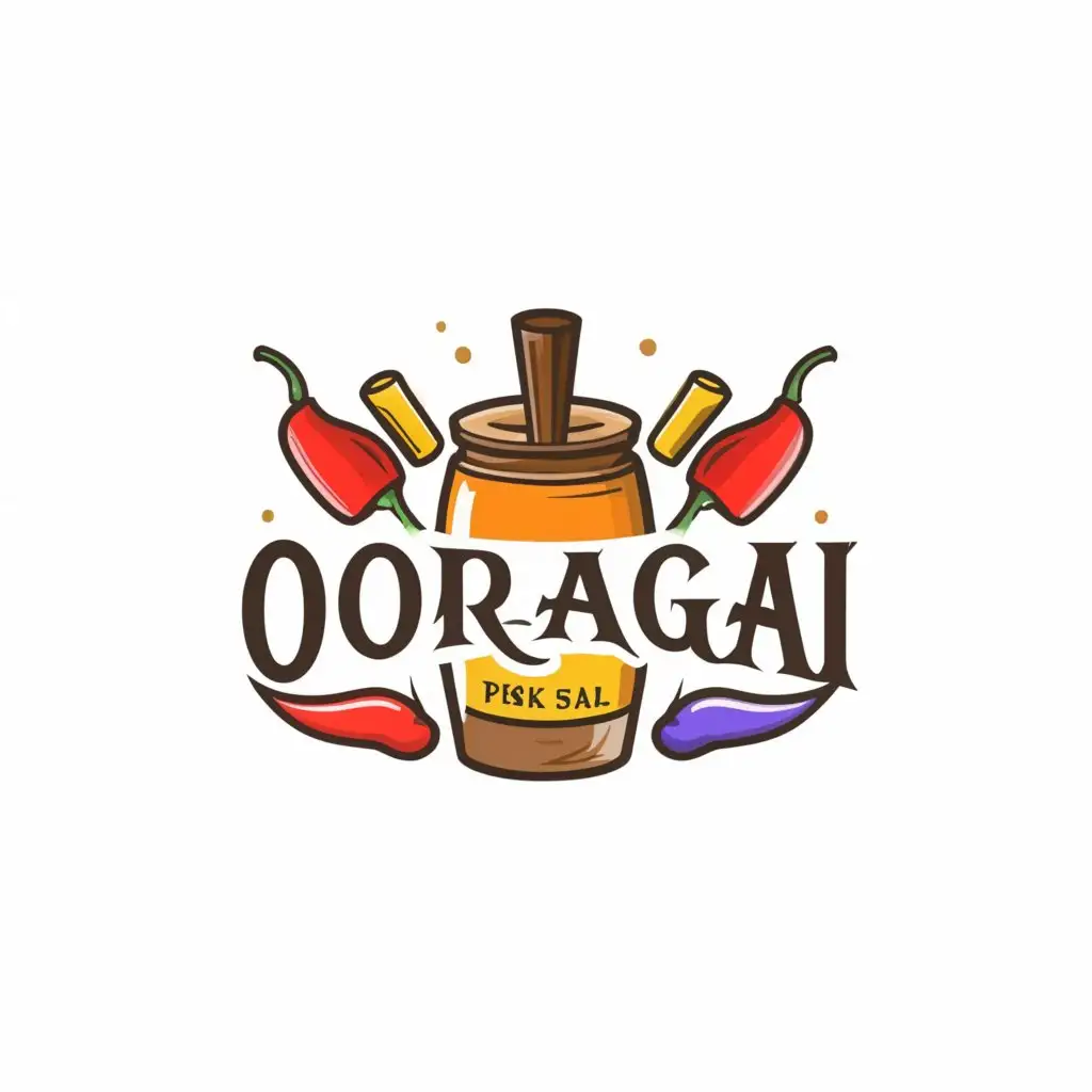 a logo design,with the text "Ooragai", main symbol:Jar, red chilli, pink salt, mustard, oil,Moderate,clear background