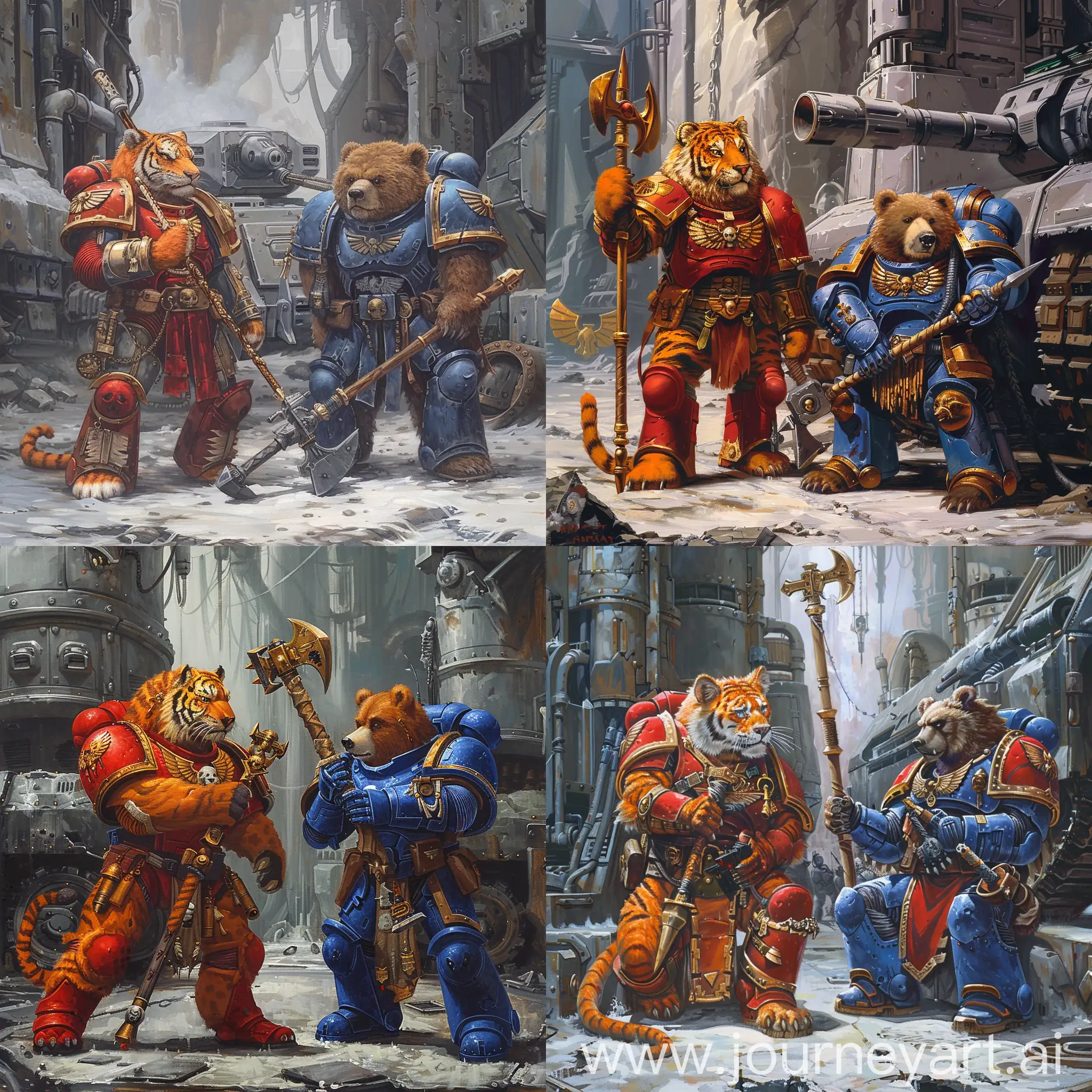 Historic fine art painting style:

at left, a furry orange tiger warrior in red and golden space marine armor and boots, this tiger holds a  golden long pole axe in hands,

at right, a furry brown bear warrior in blue and deep gray space marine armor and deep gray boots, this bear holds a deep gray long pole warhammer in hands,

they are next to each other, both before a futuristic gray steel tank, inside a futuristic military base,
