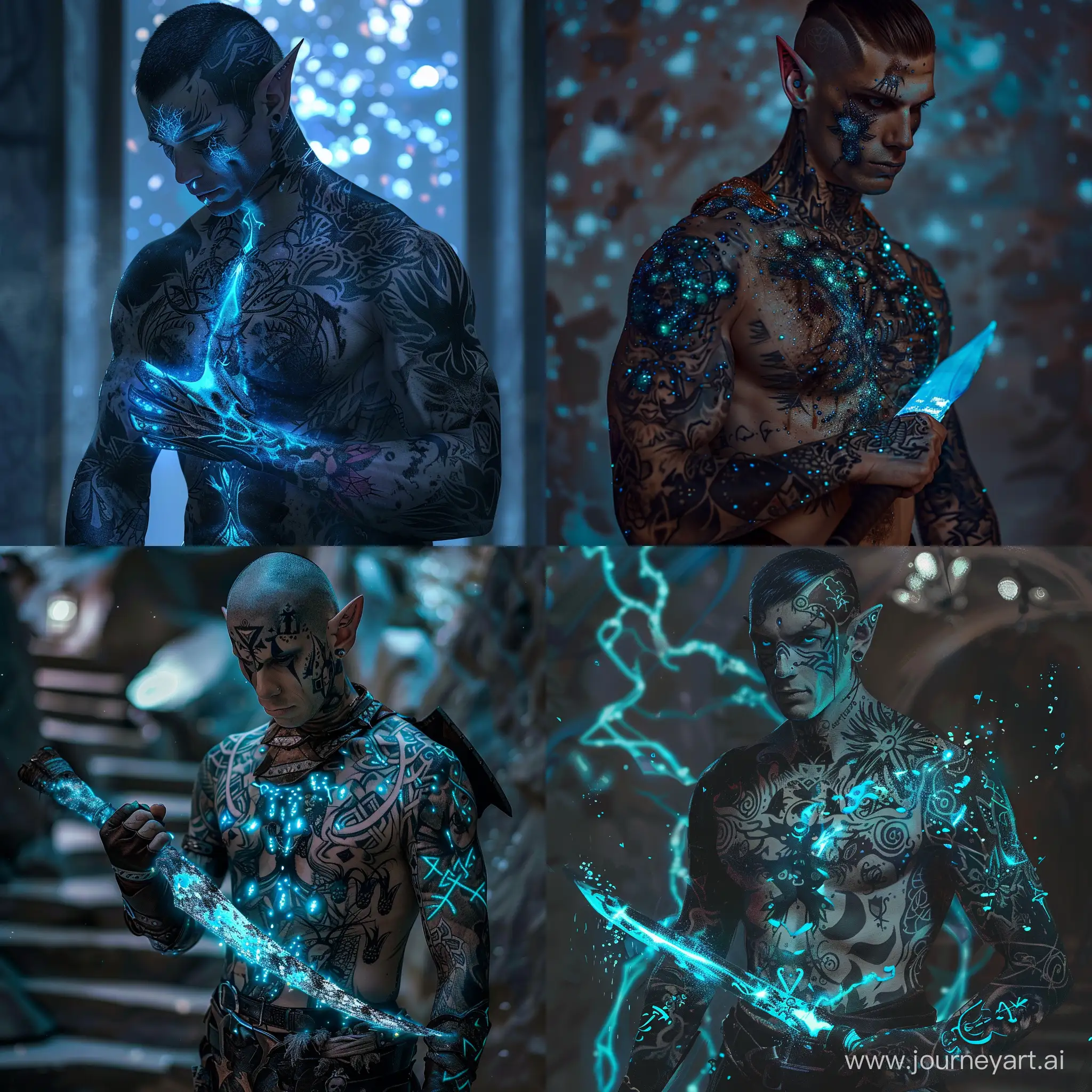 male, half-elf, covered in tattoos, tattoos look like harvested souls, Soulknife Rogue, Blade made of energy from the souls, Wearing minimal armour so we can see the tattoos, Tattoos glow with blue and black like the milky way galaxy