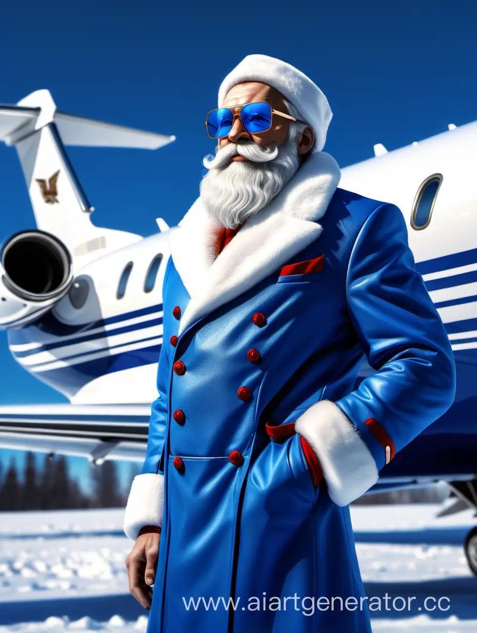 Дед мороз, синий наряд, снег, прорисовка, реалистичность, стиль, бизнес джет, Красная площадь
,четкие линии, очки авиаторы 
