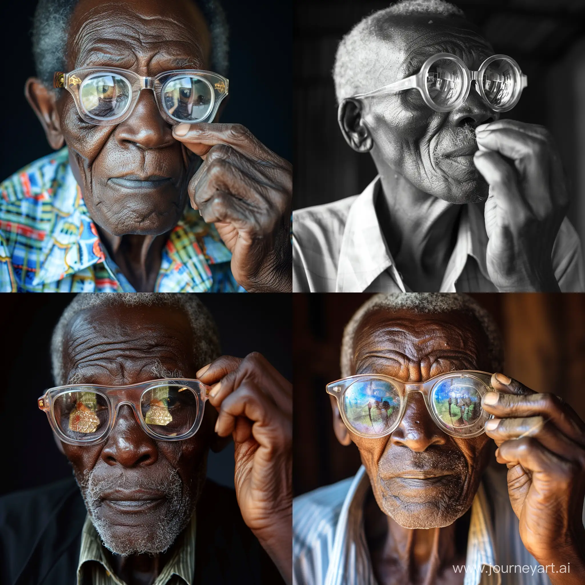 Old African man adjusting his vintage clear and reflective glasses.