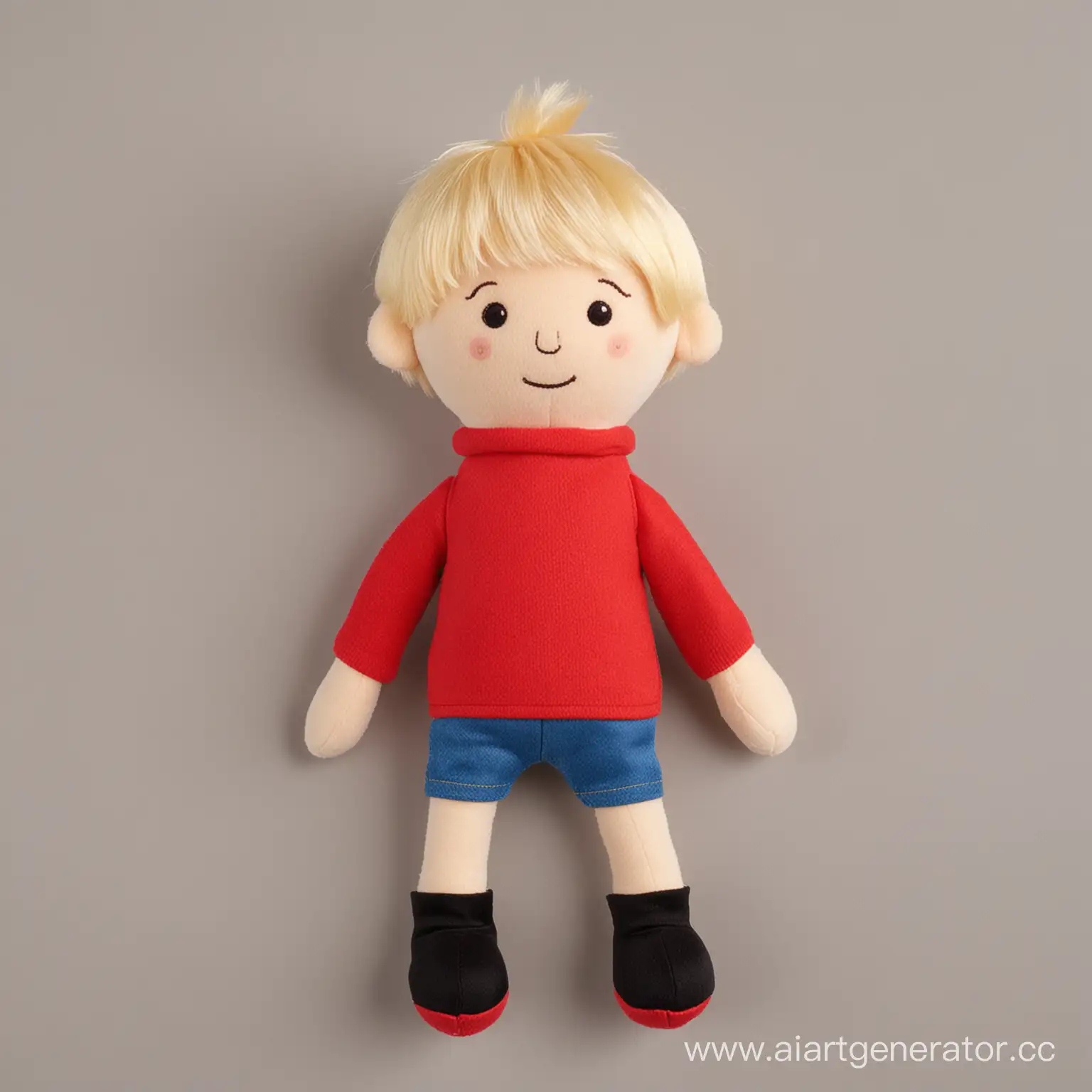 Фотография плюшевой игрушки мальчика блондина в красном