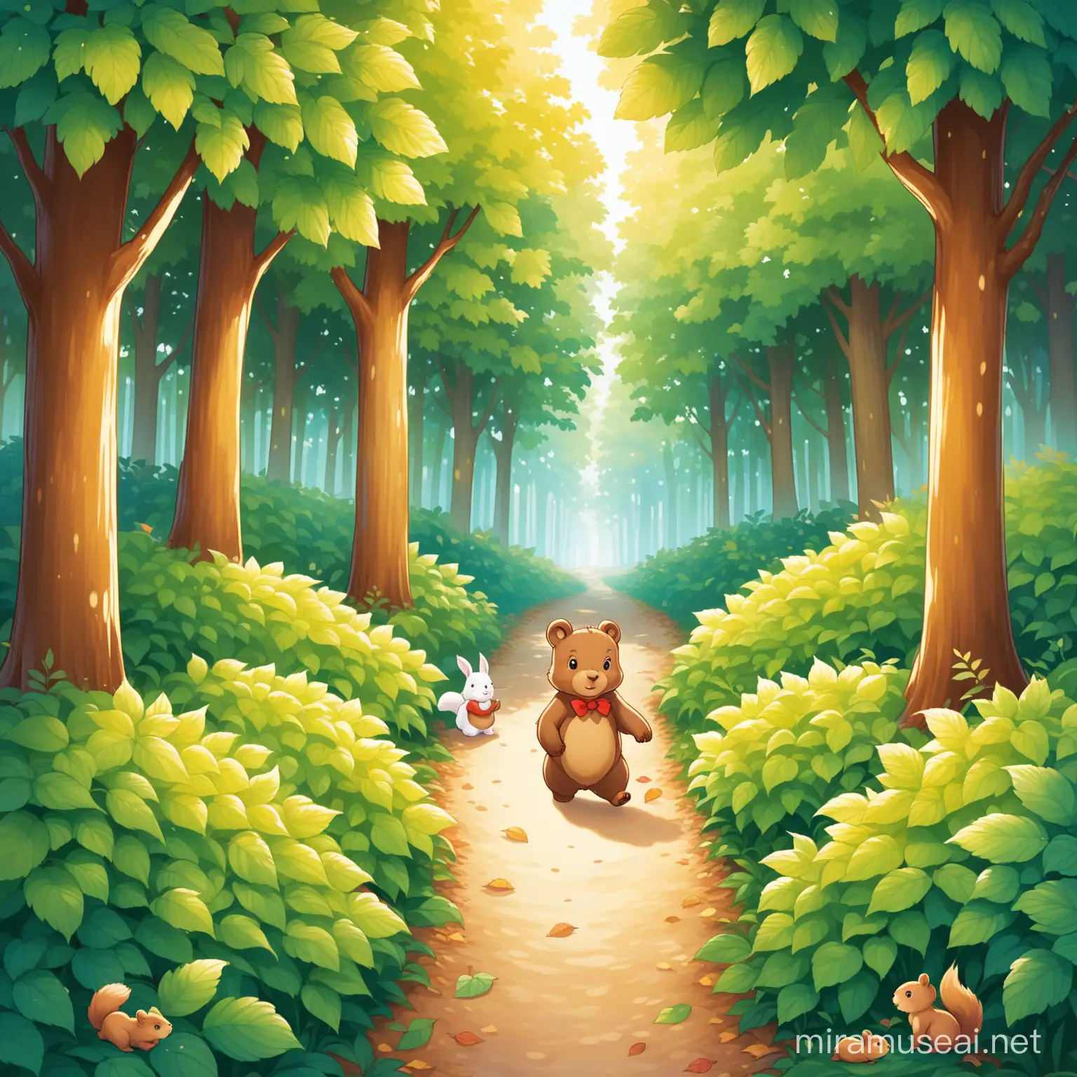Adventurous Trio Little Bear Squirrel and Rabbit Exploring Dense Forest Path