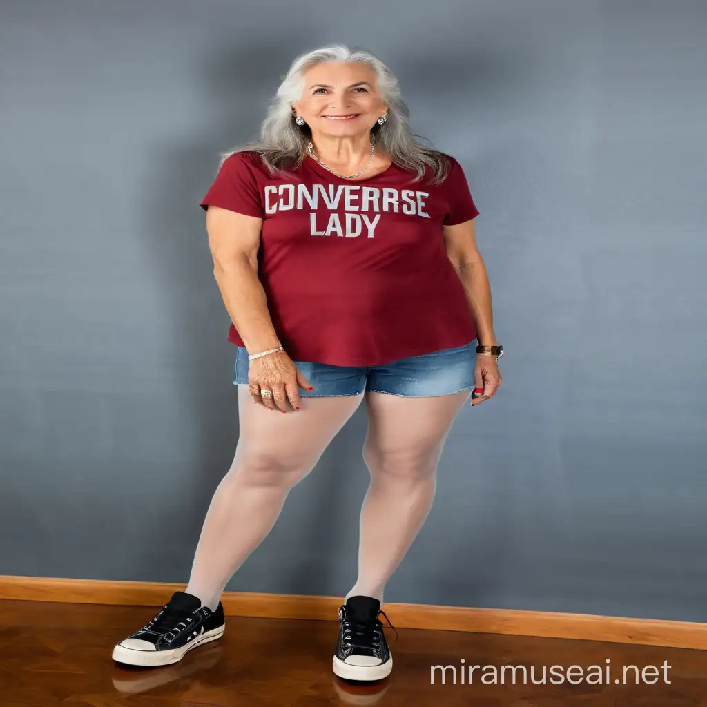 tall, thin, sexy 55 year old lady, long silver hair, shiny pantyhose, jean shorts, black tank top, red converse sneakers, big diamond wedding ring