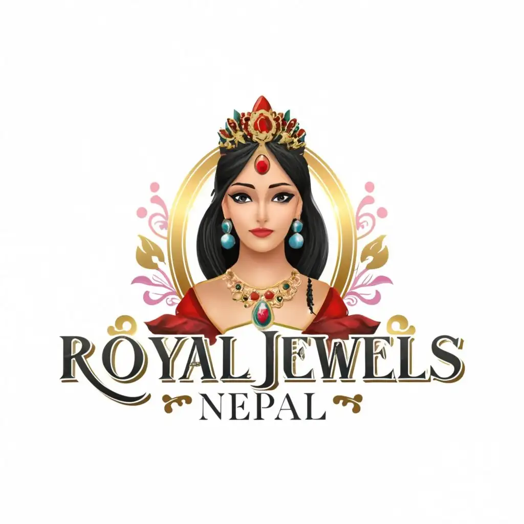 logo, jewelry wearing girl, with the text "Royal Jewels Nepal", typography, be used in Beauty Spa industry