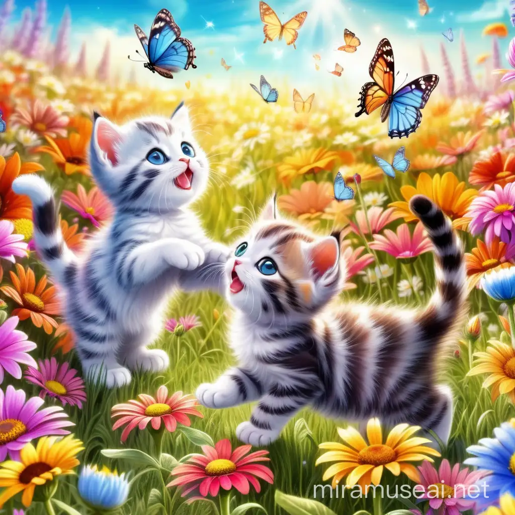 kittens playing in a magical field of flowers that have butterflies flying in the sky, bright colors, 