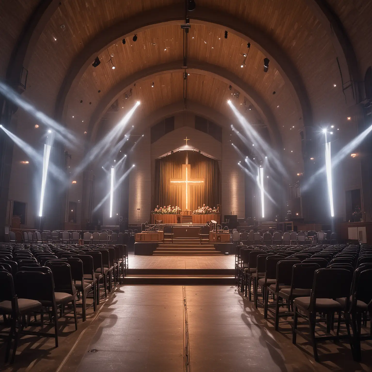create an image of a church stage with modern stage lighting, seatubg is cushioned chairs
