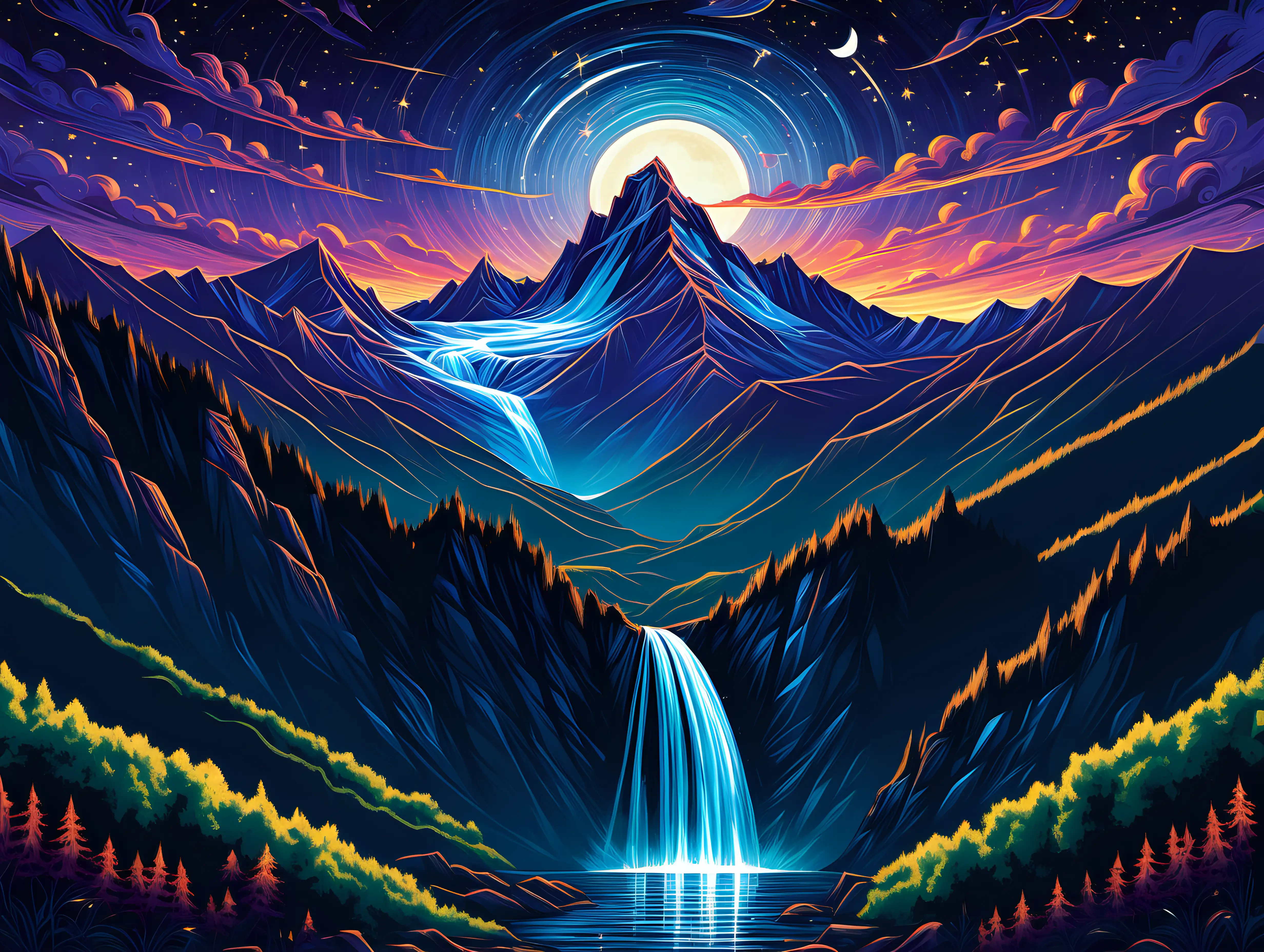 Create a dynamic and vibrant illustration that would translate seamlessly into a fun puzzle. Illustrate the dynamic and intricate beauty of a mountain ridge at twilight, infusing the scene with energy. Show stars emerging in the sky with sharp brilliance, emphasizing the silhouette of mountains in a way that adds depth and contrast. Ensure meticulous detail in capturing the cascading waterfall, with the starlight dancing on its surface. Convey the tranquil atmosphere as day transitions to night with finely rendered shades and shadows, creating a vibrant and sharp visual experience that sparks excitement and captivates the viewer.