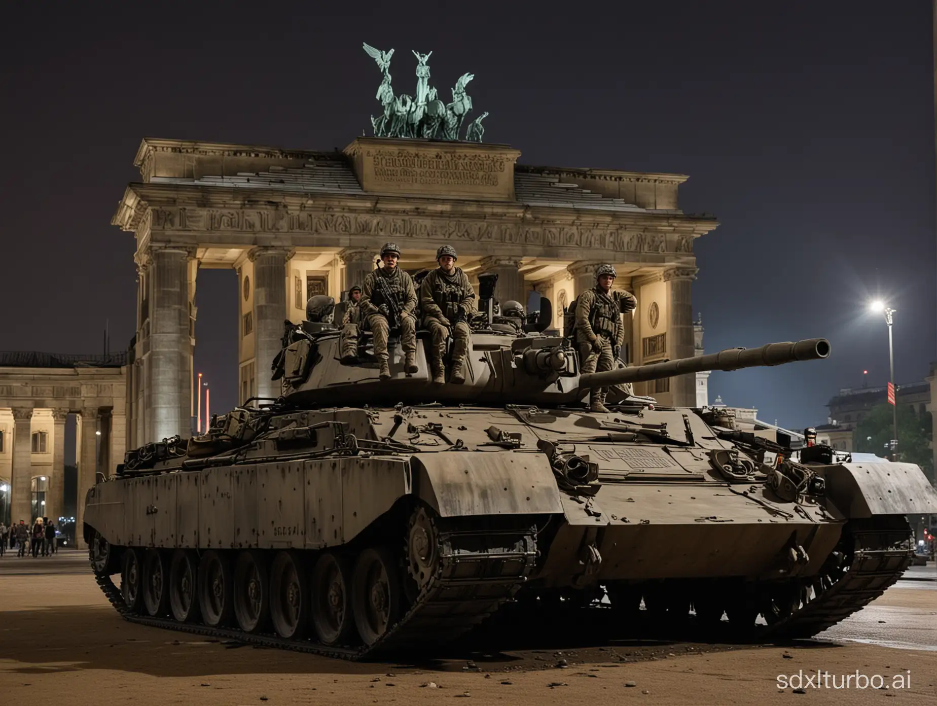 In front of the dilapidated Brandenburg Gate, Several American soldiers stand on a modern tank, The whole picture is dark