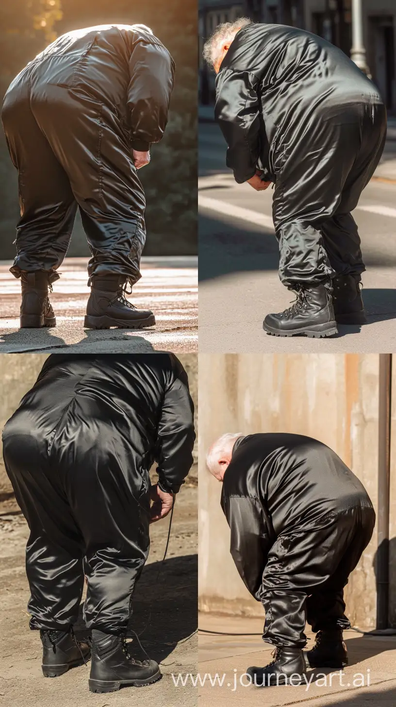 Back view fashion photo of a chubby man aged 70 wearing a silk black tracksuit. Black Hiking Boots. He is bending over. Direct Sunlight. Outside. --style raw --ar 9:16 --v 6