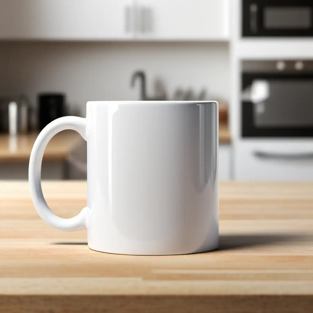 Genera una imagen de alta resolucion de una taza de ceramca color blanco sin diseño de 11oz de medidas 3.7"H x 3.7"W x 3.2"D sobre una mesa de cocina, ambiente claro y con luz de dia