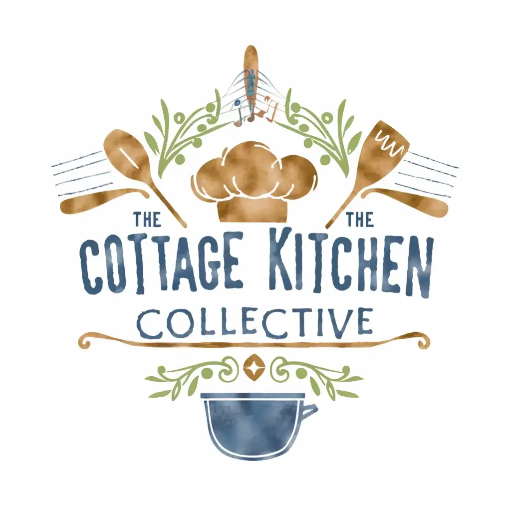 a logo design,with the text "Cottage Kitchen Collective", main symbol:main symbols:cooking,music, complex,whimsical,watercolor,multi-color,main color:marseille blue, clear background,complex,clear background