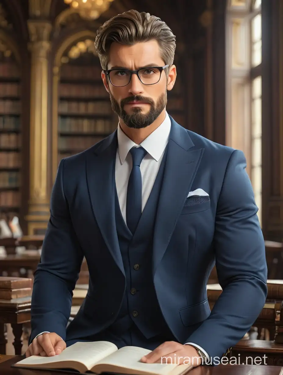 Tall and handsome muscular men with beautiful hairstyle and beard with attractive eyes and Big wide shoulder and chest in navy suit with glasses seating inside palace and reading books 
