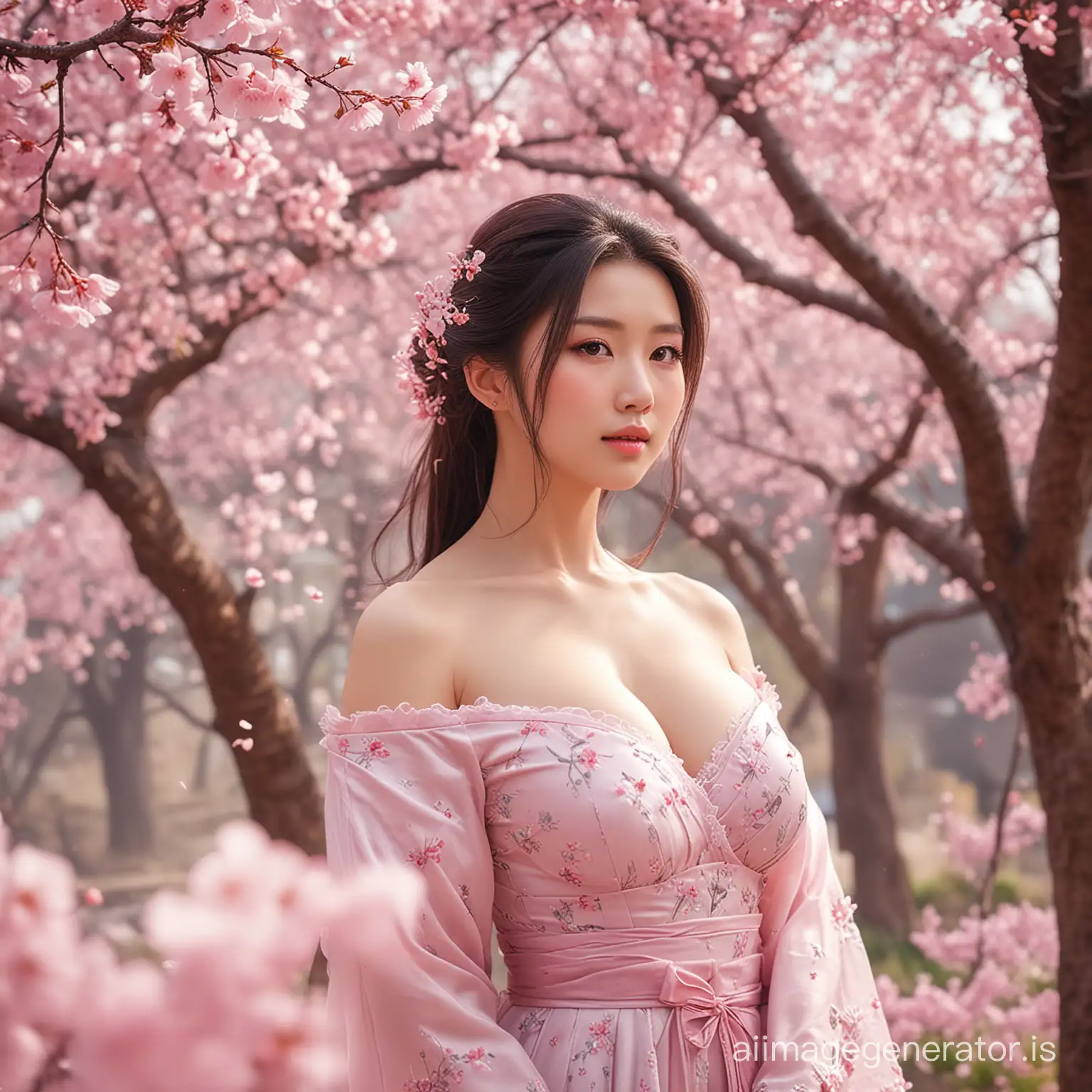 a korean woman, very, very big breasts, firm breasts, standing under a tree with pink flowers, cherry blossom background, realistic fantasy photography, cherry blossom petals, beautiful aerith gainborough, cherry blossoms blowing in the wind, beautiful fantasy girl , cherry blossoms, cherry blossoms, cherry blossoms in the background, cherry blossoms, lost in a beautiful fairy landscape,” beautiful anime woman, ethereal fairy tale, by Anna Katharina Block