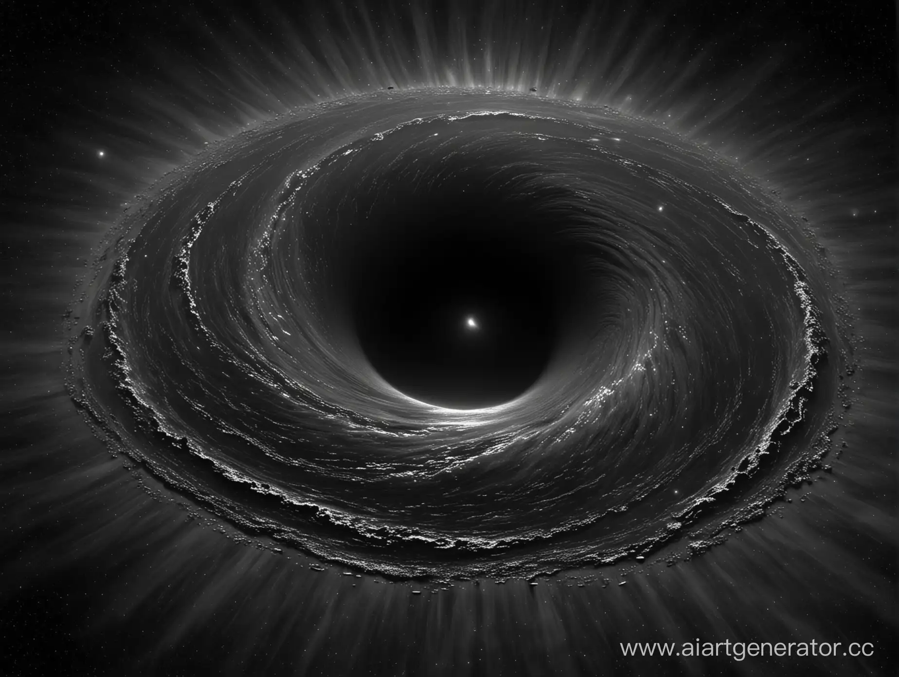 Черная дыра с черной водой вместо аккреционном диском, в темных тонах.