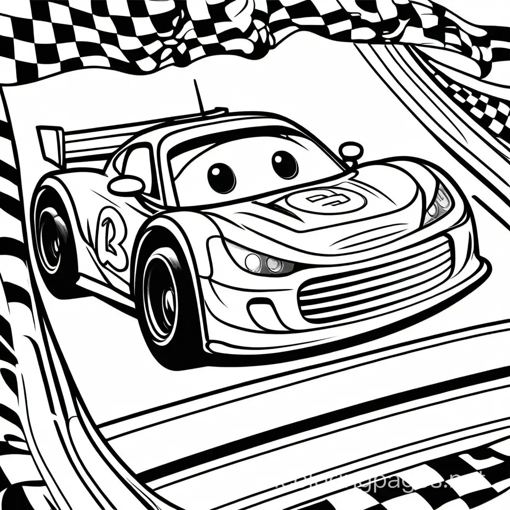 a smiling race car with a happy expression, Coloring Page, black and white, line art, white background, Simplicity, Ample White Space. The background of the coloring page is plain white to make it easy for young children to color within the lines. The outlines of all the subjects are easy to distinguish, making it simple for kids to color without too much difficulty