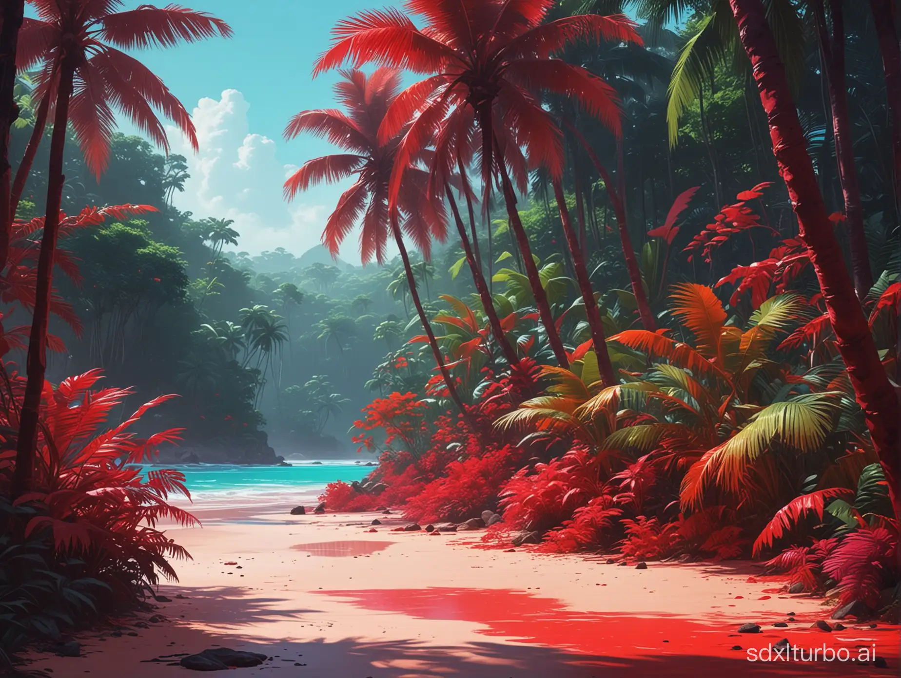 /imagine prompt: a digital painting of a HIPERDETALED  razzmatazz red COLORED tropical rainforest on the beaches of NEVERLAND WITH BOLD&THICK RICH NEON COLORS dynamic lighting 