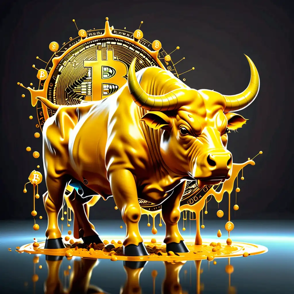 Yellow Bull with Bitcoin Watermark Cryptocurrency Symbolism in Vibrant Art