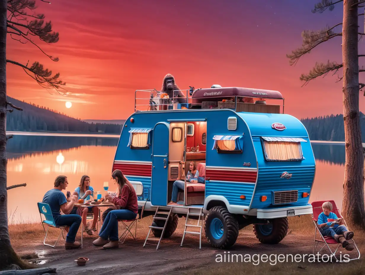vintage camper truck, very muddy, bigfoot wheels, red and blue color, rooftop balcony with family having breakfast, lake in the background, red sunset