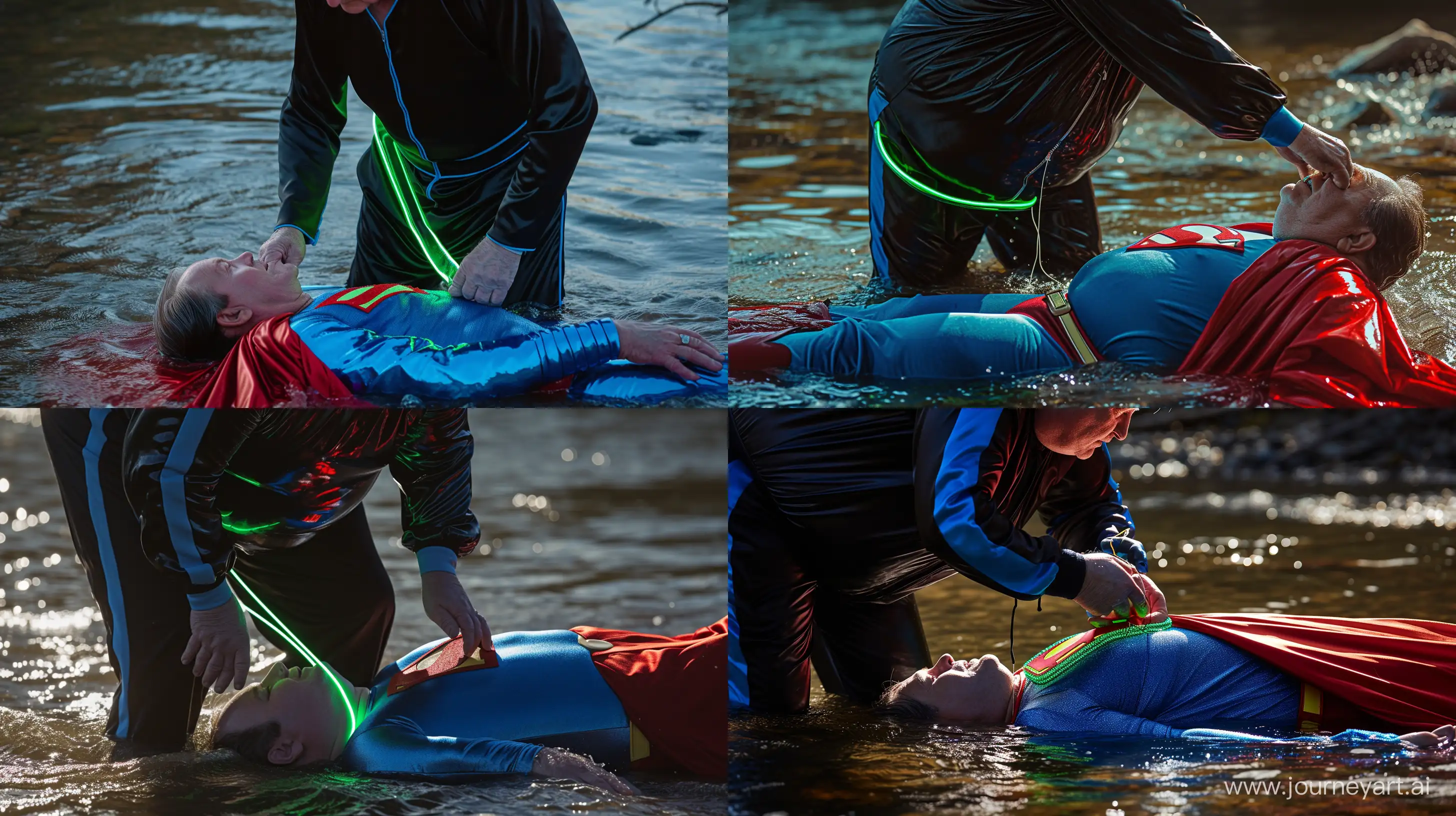 Close-up action photo of a chubby man aged 60 wearing a silk black tracksuit with a blue stripe on the pants. He is tightening a tight green glowing neon dog collar around the neck of a chubby man aged 60 wearing a tight blue 1978 superman costume with a red cape lying in the water. Natural Light. River. --style raw --ar 16:9