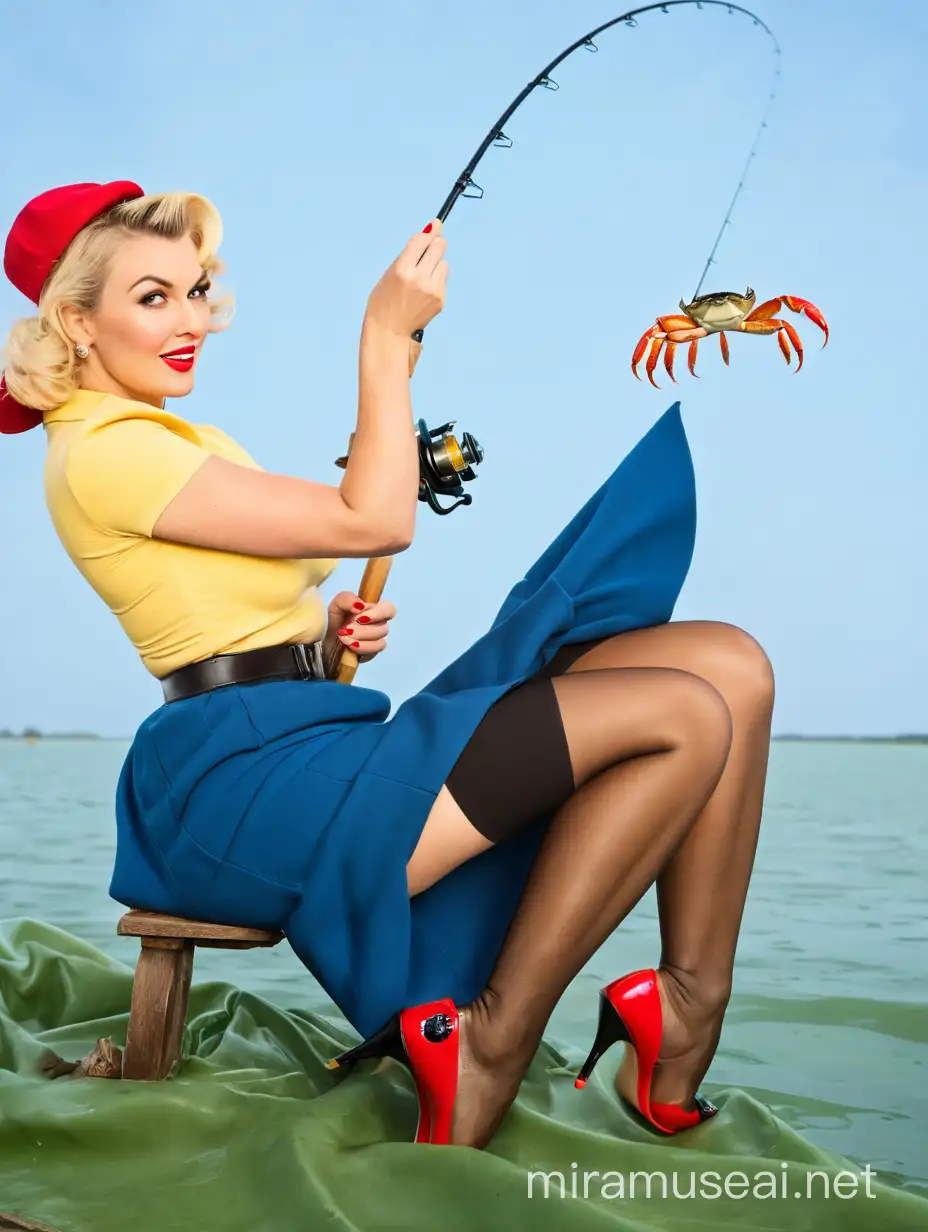 Caucasian Pinup Woman Fishing and Catching Crab