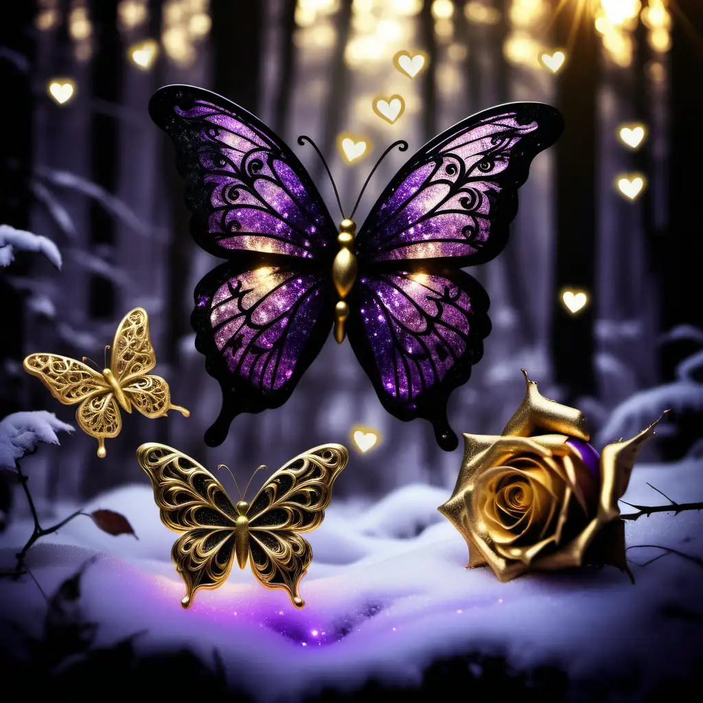 4 Hallow Glittery shimmering sparkling linked hearts, bi-colored deep pruple and gold rose, wintery forest background, glowing sunlight, filigree, gorgeous butterfly with gold, purple, black colorsplash, high definition, soft lens, photo of the year, opalescent