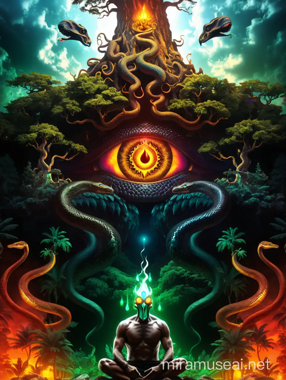 Psychedelic Visionary World with Third Eye Trishul and Snake in Forest Setting